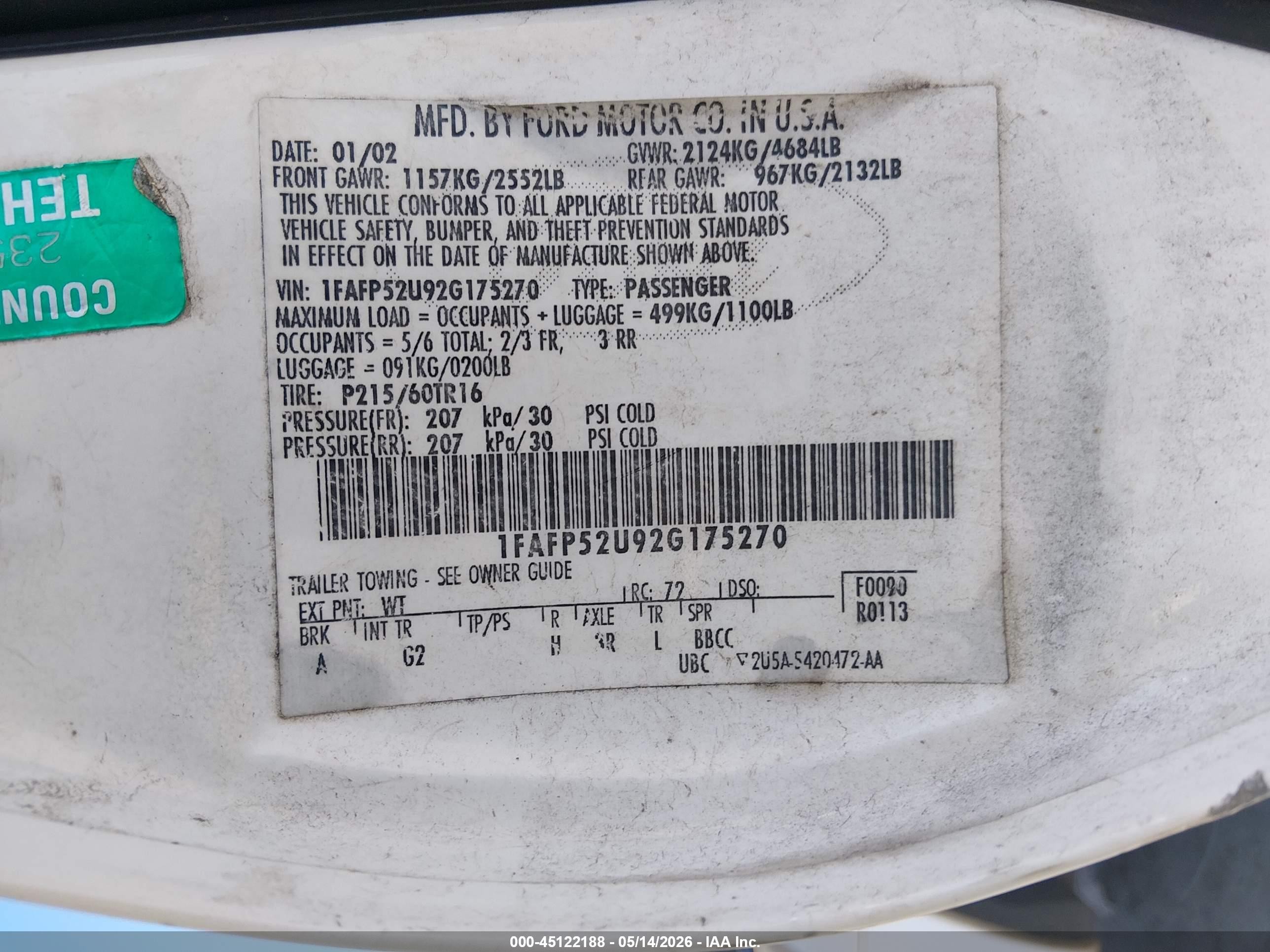 2002 Ford Taurus Lx White vin: 1FAFP52U92G175270
