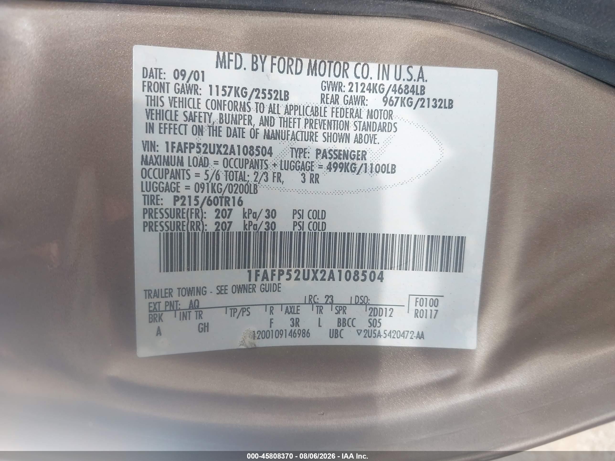2002 Ford Taurus Lx Standard Бежевый vin: 1FAFP52UX2A108504
