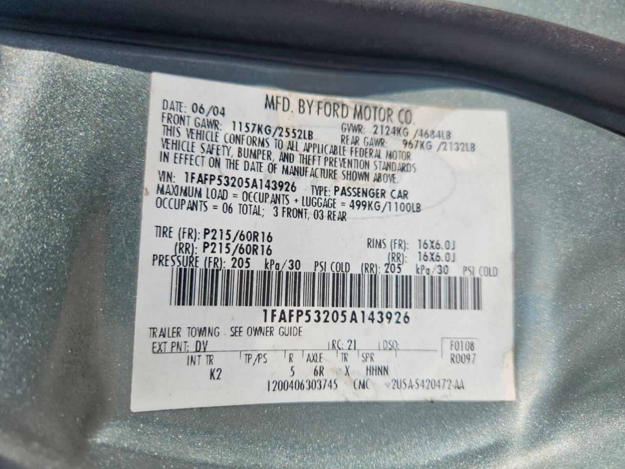 2005 Ford Taurus Se Turquoise vin: 1FAFP53205A143926