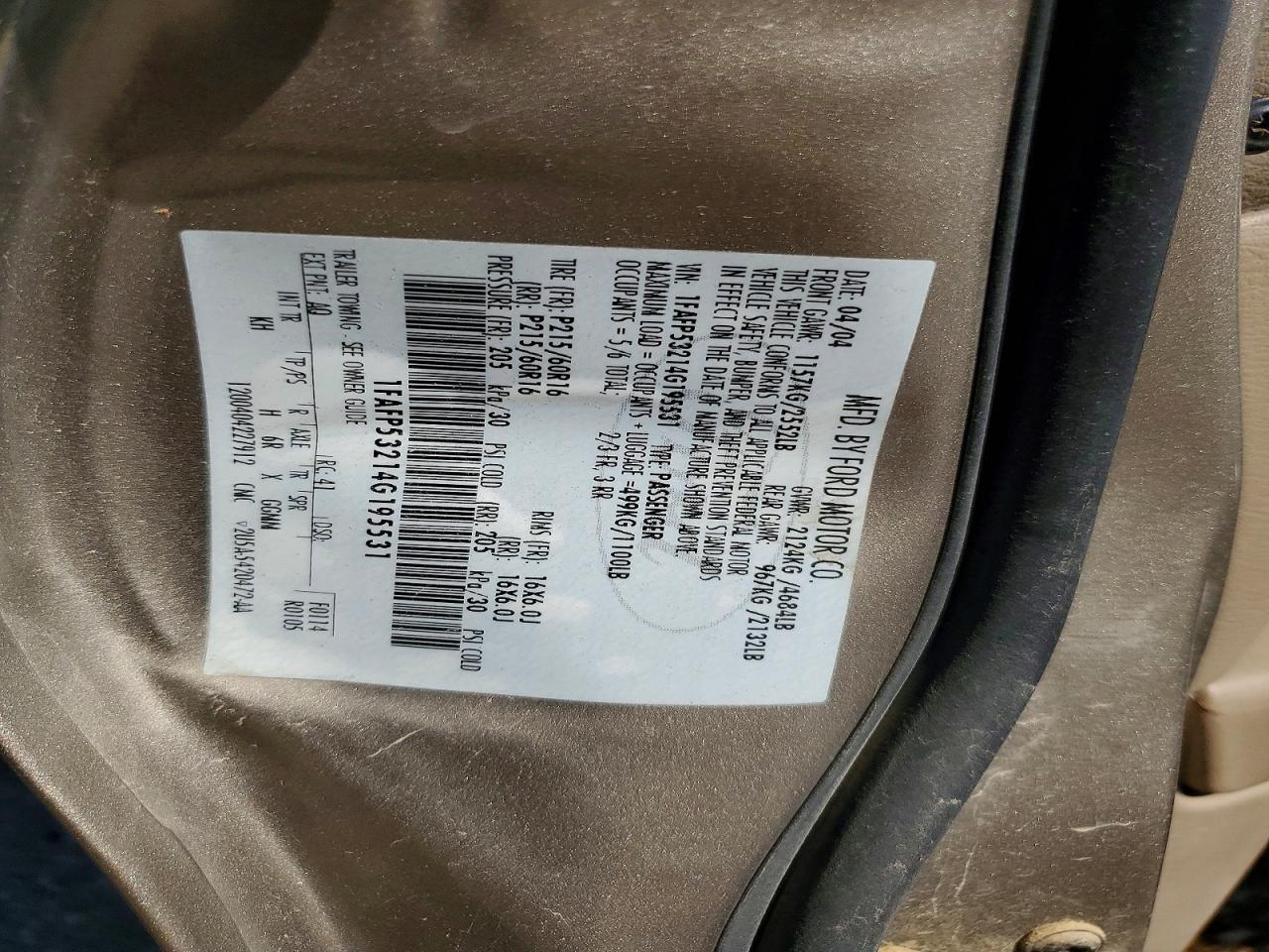 2004 Ford Taurus Se Gold vin: 1FAFP53214G195531