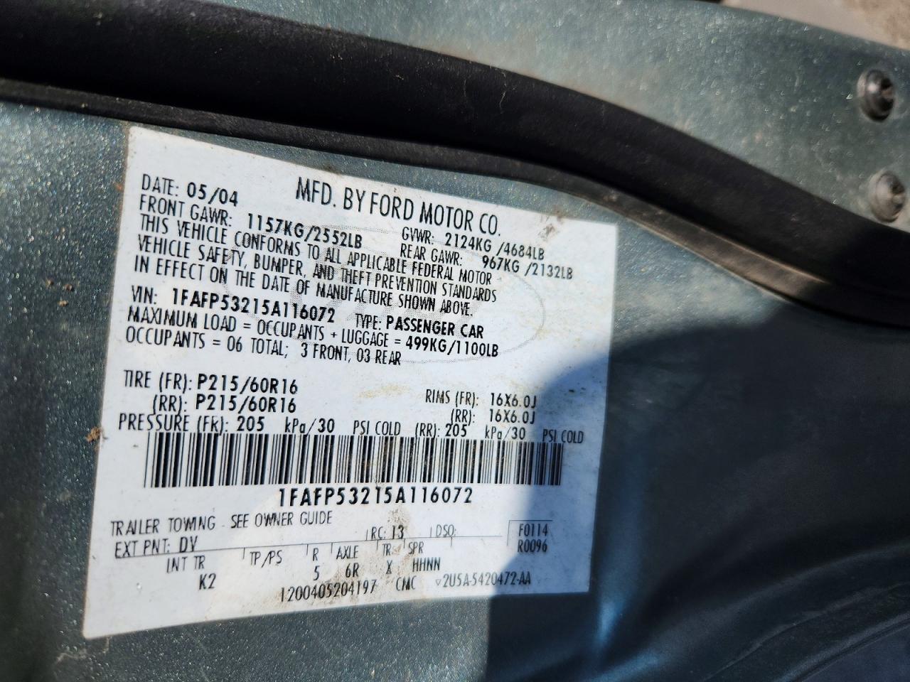 2005 Ford Taurus Se Green vin: 1FAFP53215A116072