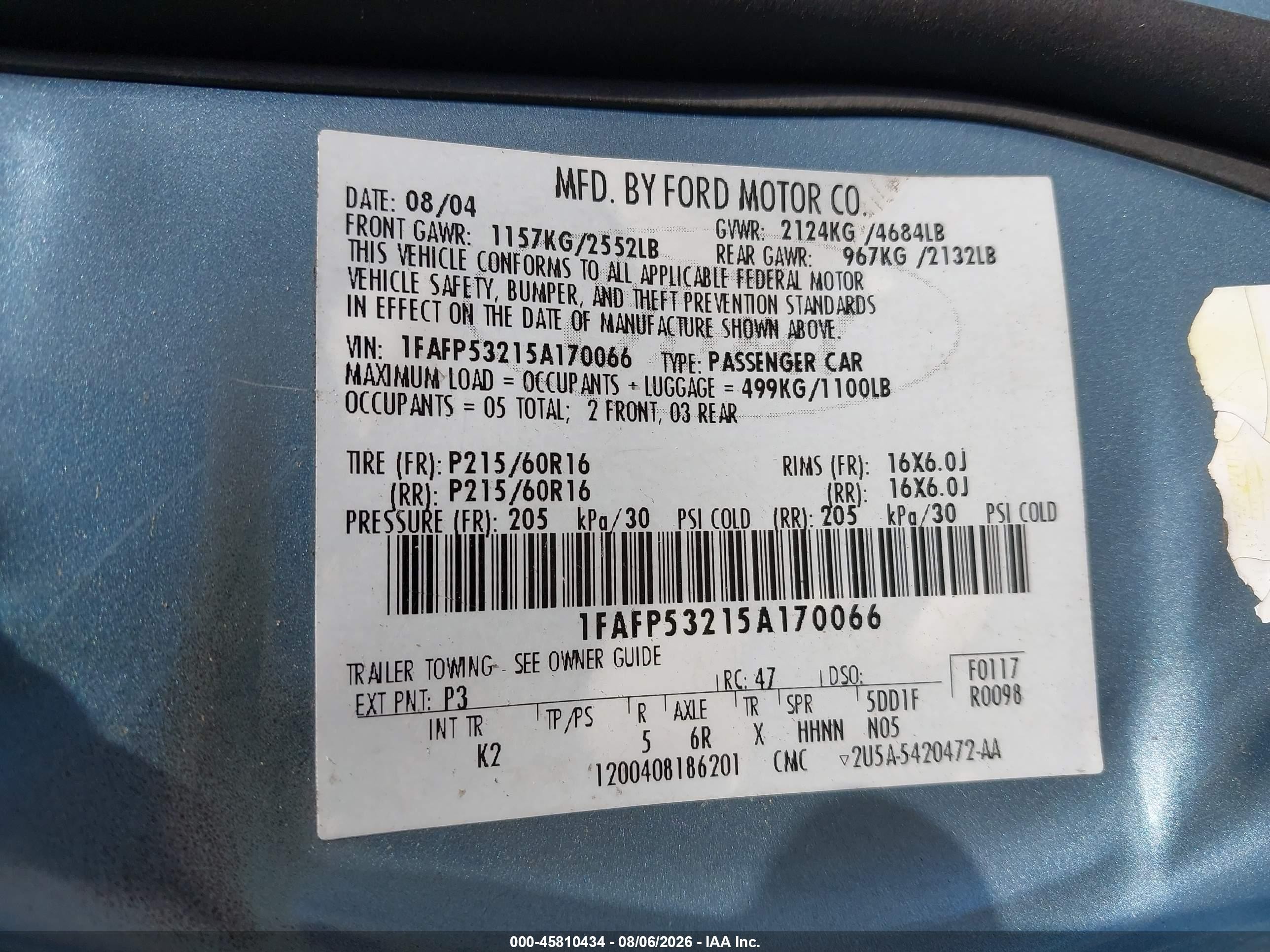 2005 Ford Taurus Se Light Blue vin: 1FAFP53215A170066