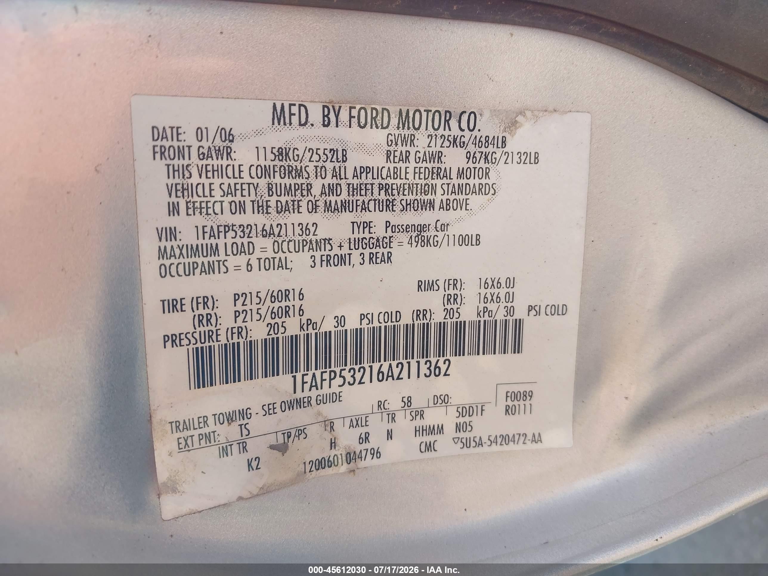 2006 Ford Taurus Se Silver vin: 1FAFP53216A211362