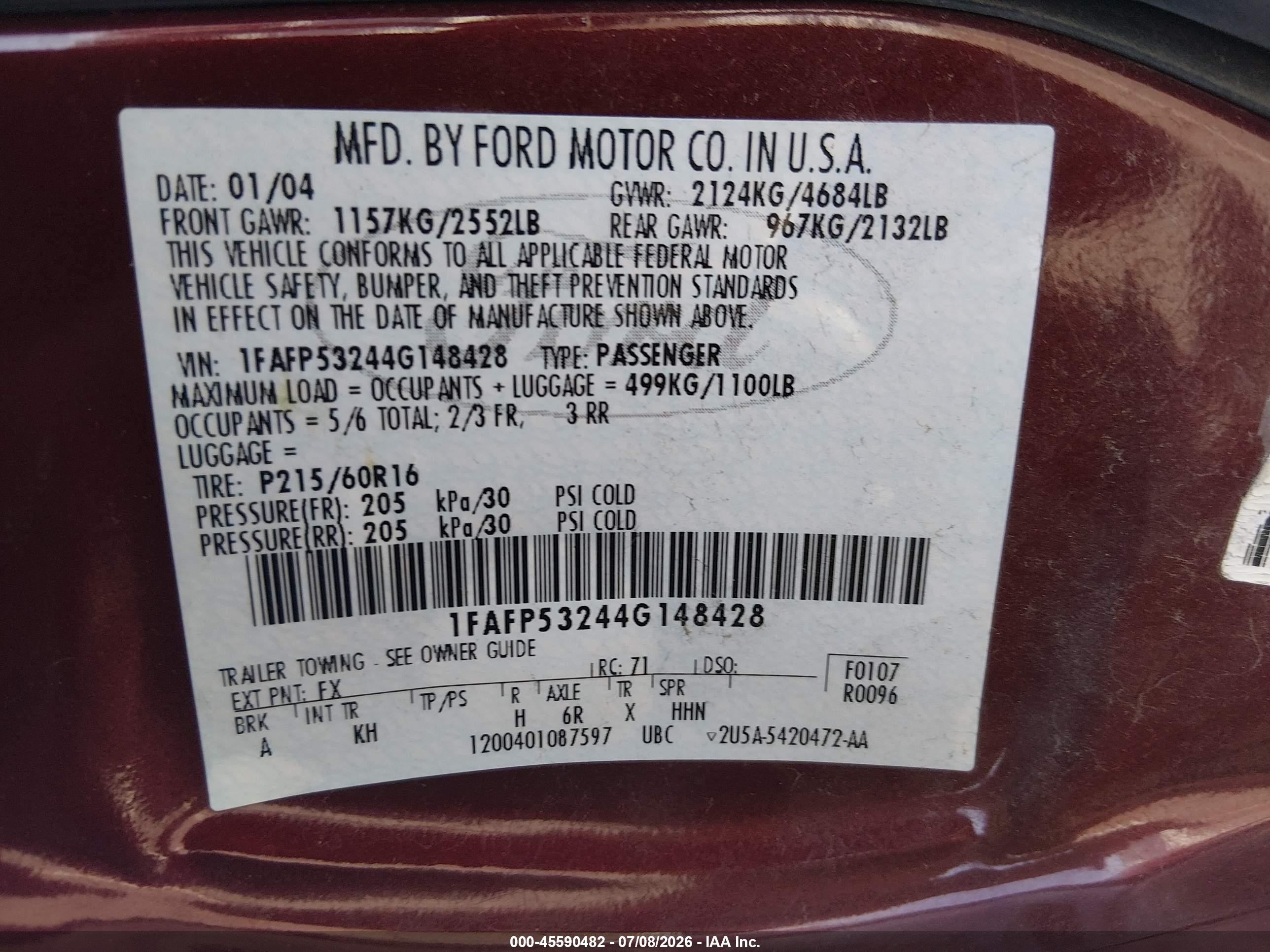 2004 Ford Taurus Se Red vin: 1FAFP53244G148428