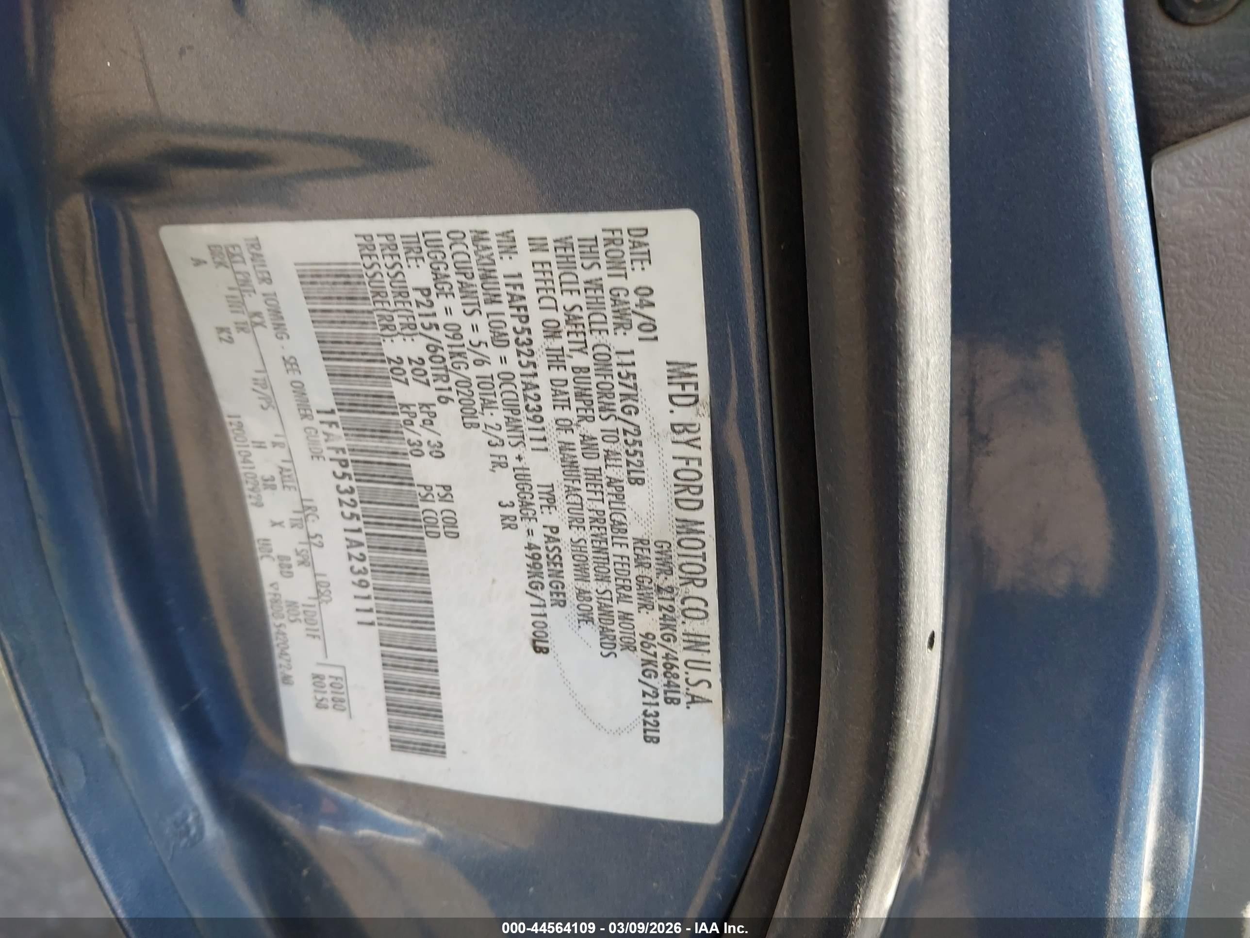 2001 Ford Taurus Se Blue vin: 1FAFP53251A239111