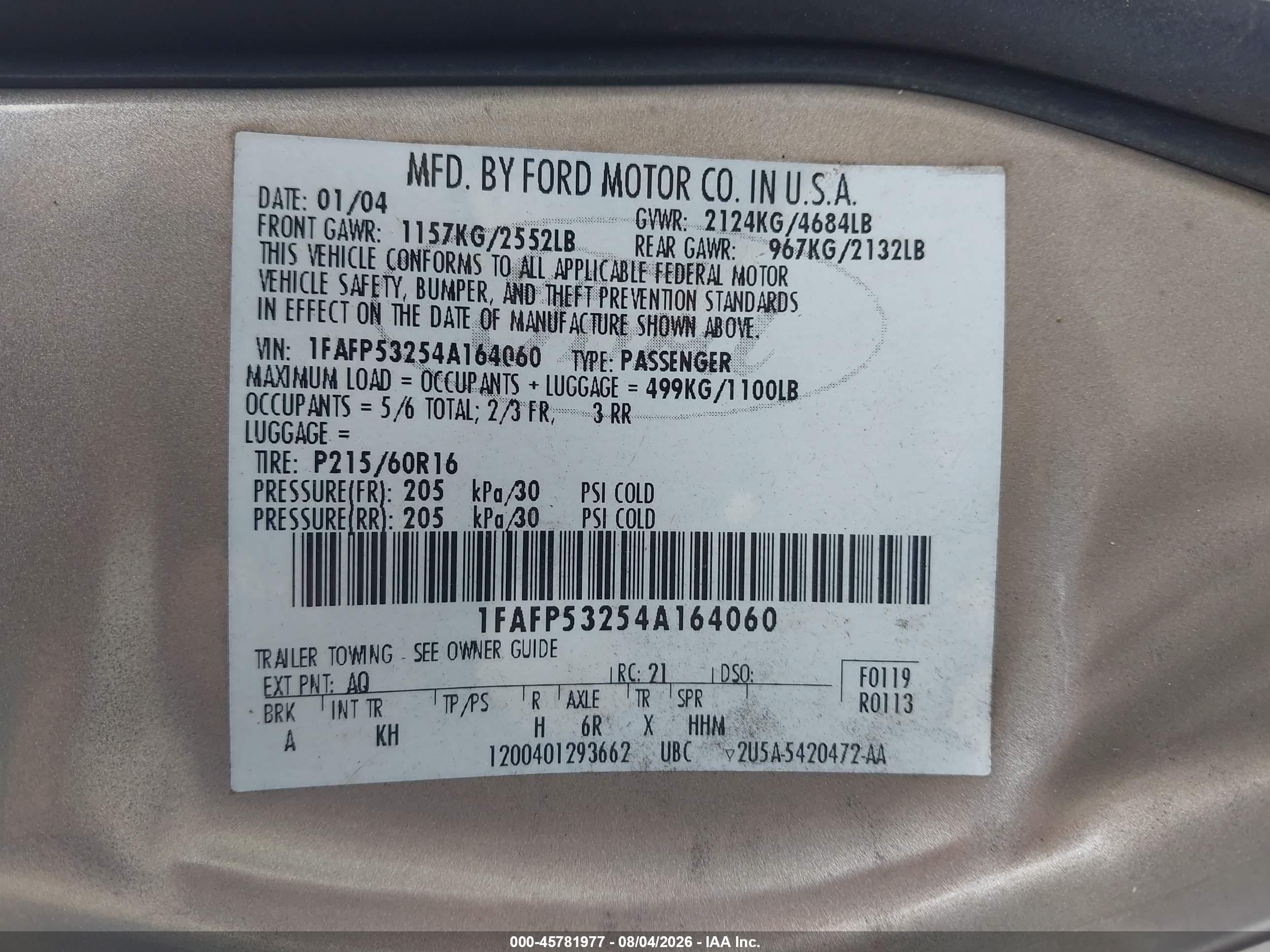 2004 Ford Taurus Se Gold vin: 1FAFP53254A164060