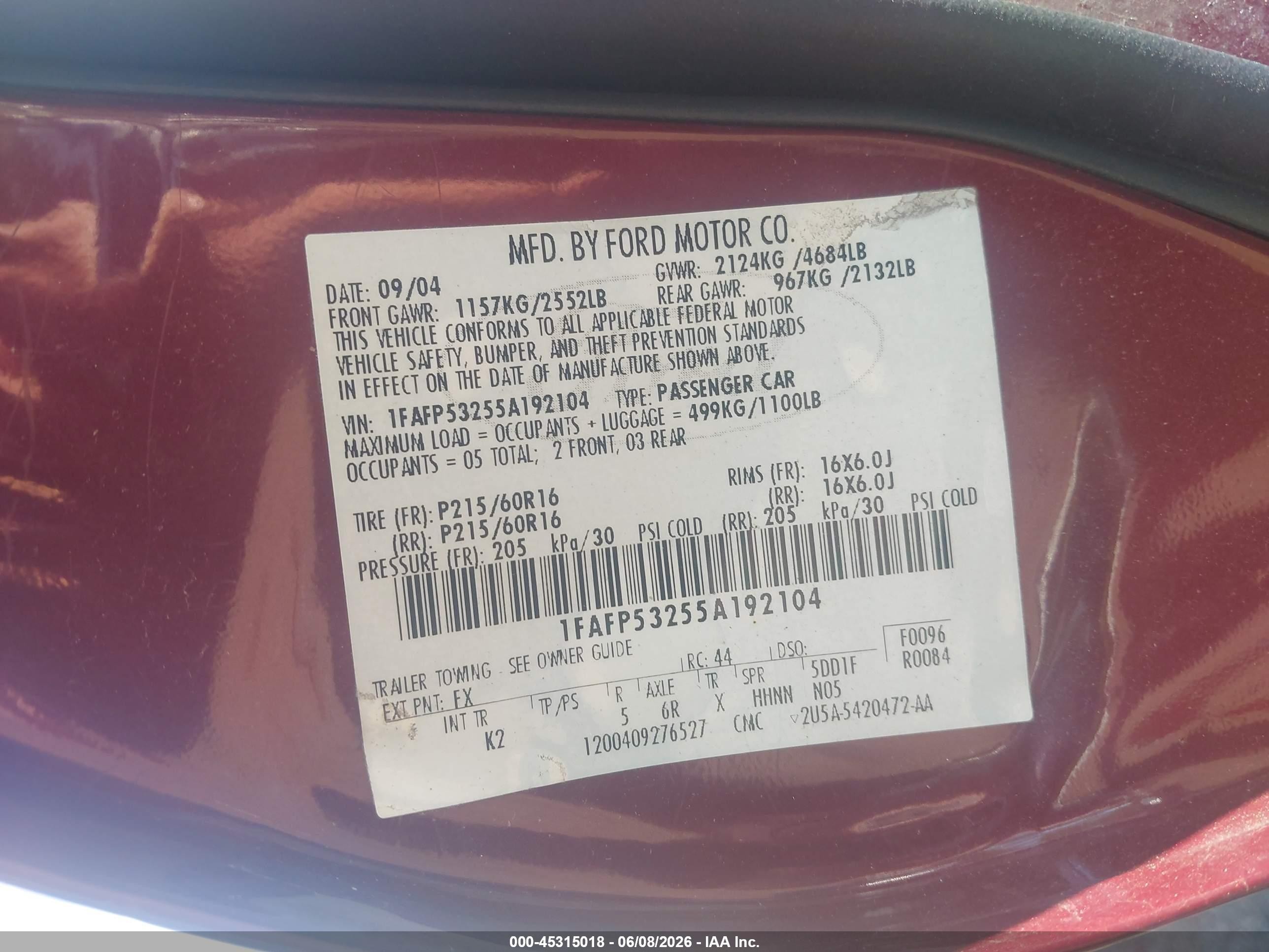 2005 Ford Taurus Se Burgundy vin: 1FAFP53255A192104