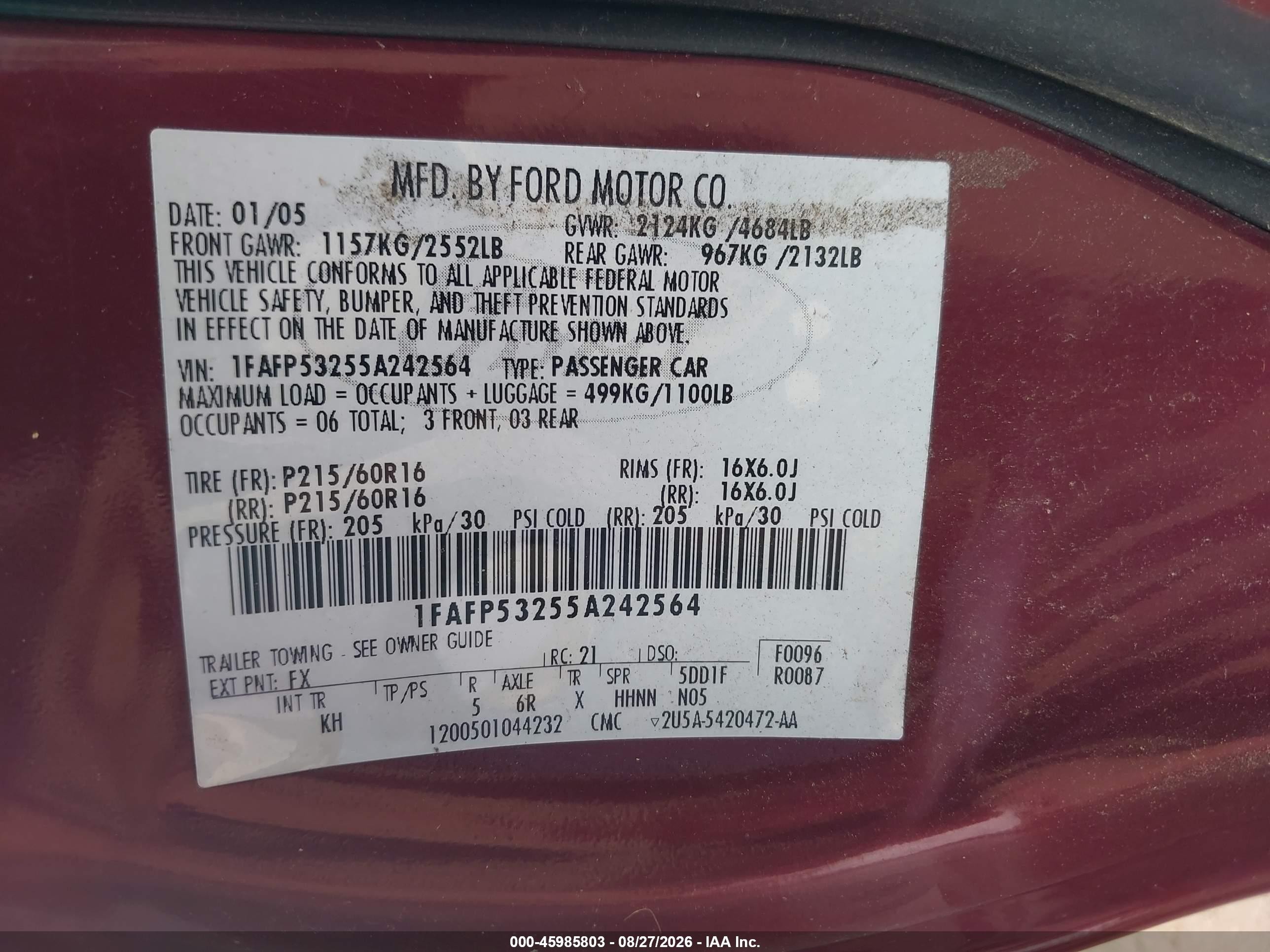 2005 Ford Taurus Se Maroon vin: 1FAFP53255A242564