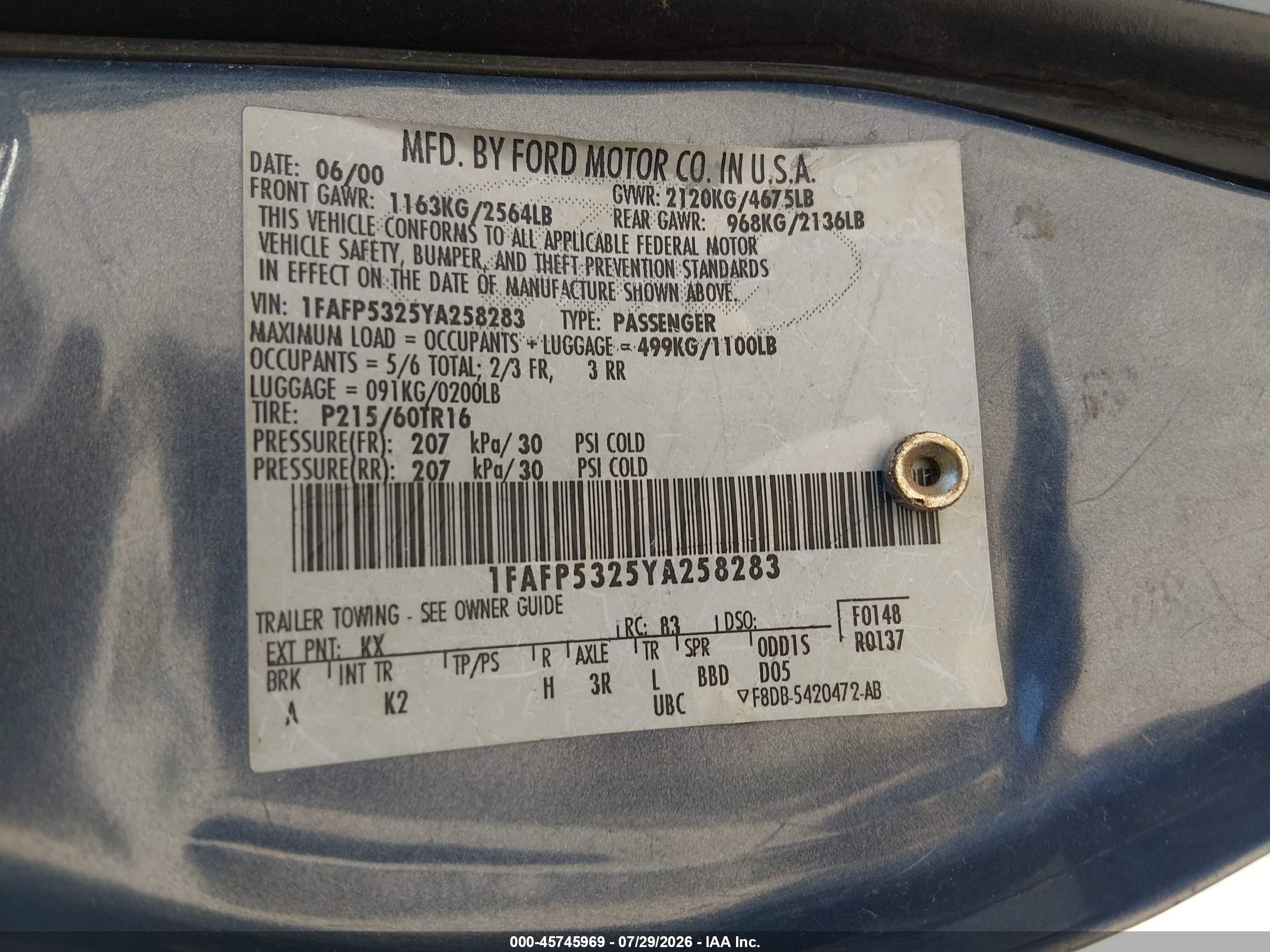 2000 Ford Taurus Se Blue vin: 1FAFP5325YA258283