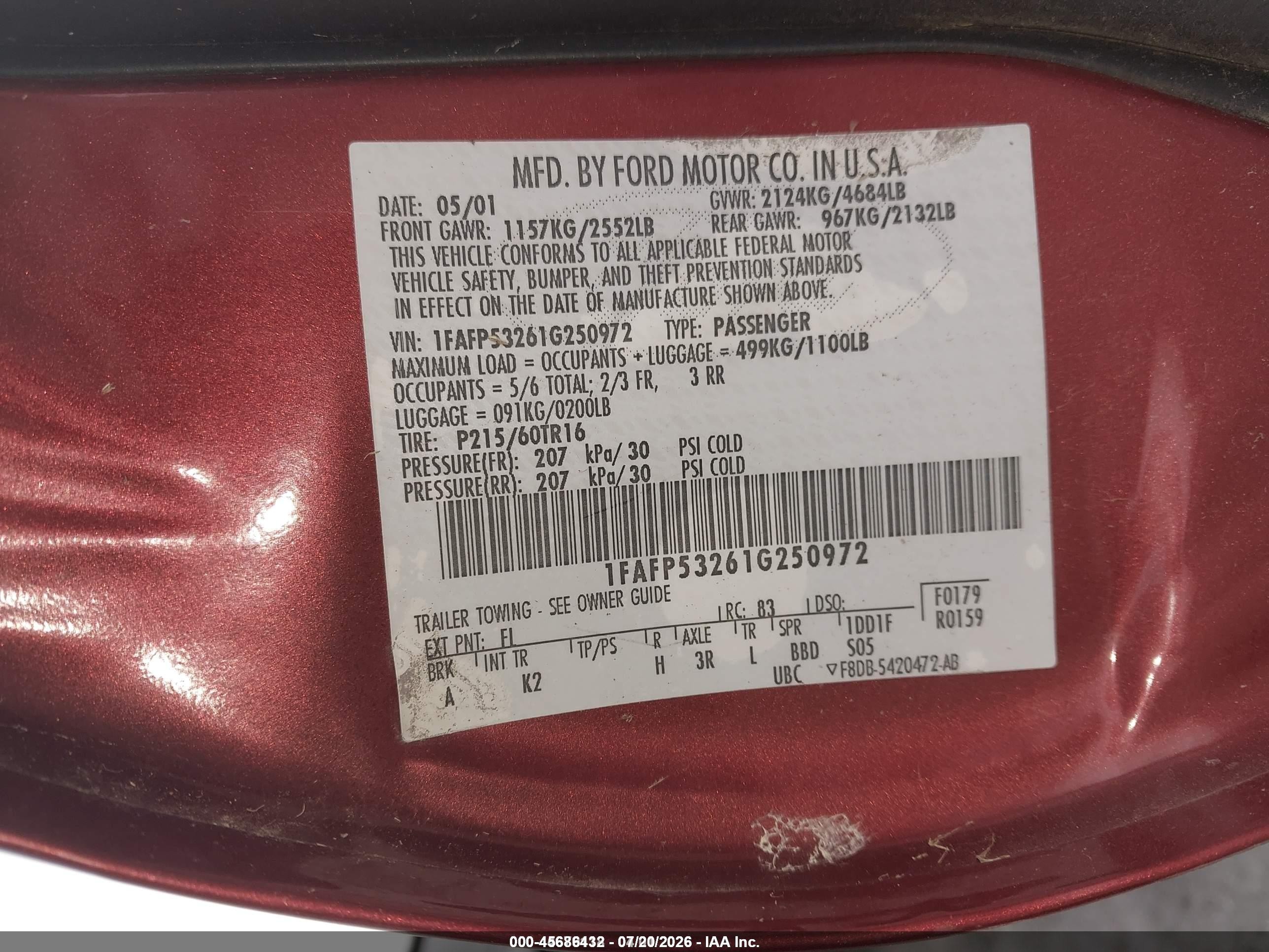 2001 Ford Taurus Se Maroon vin: 1FAFP53261G250972