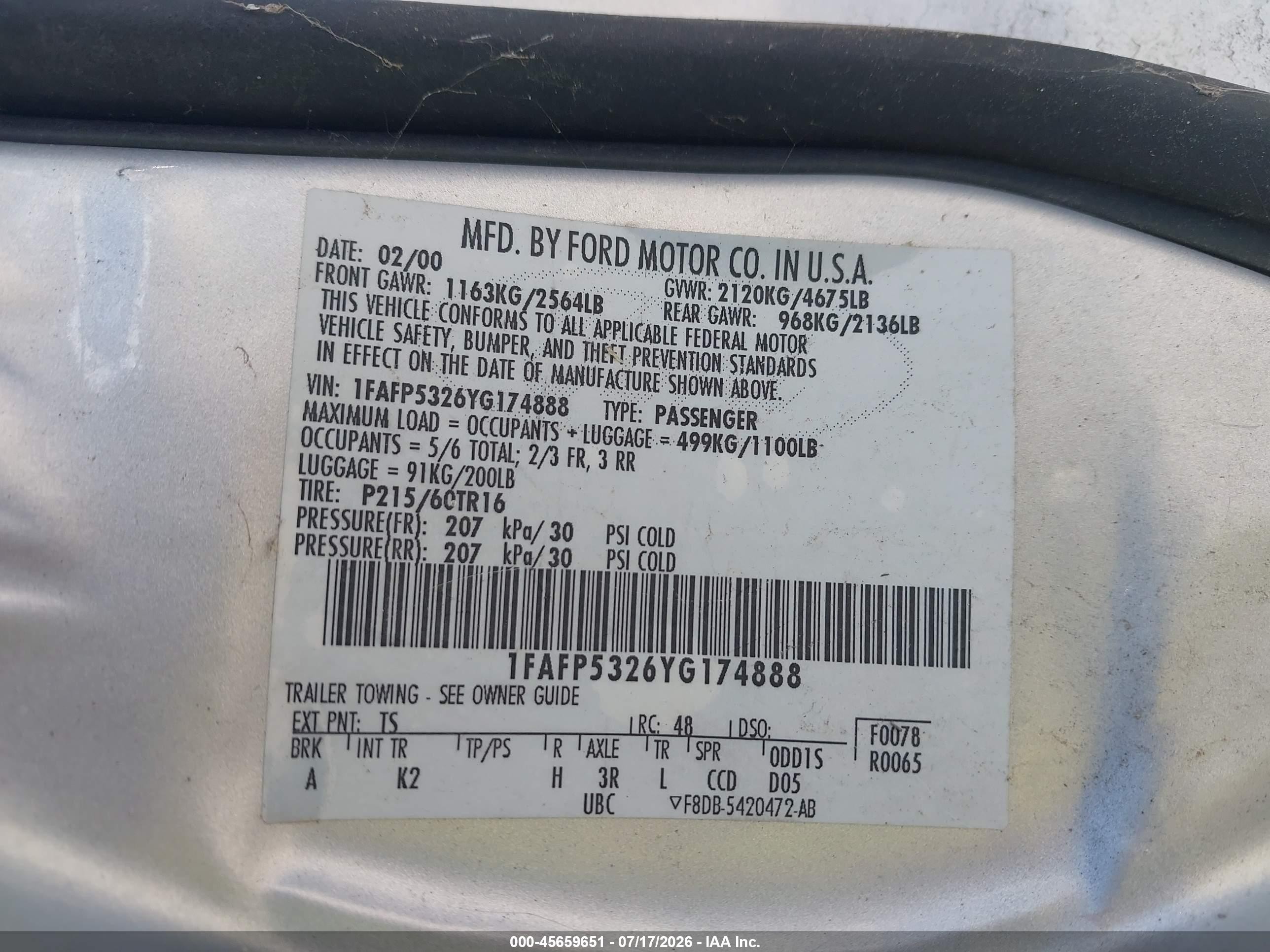 2000 Ford Taurus Se Gray vin: 1FAFP5326YG174888