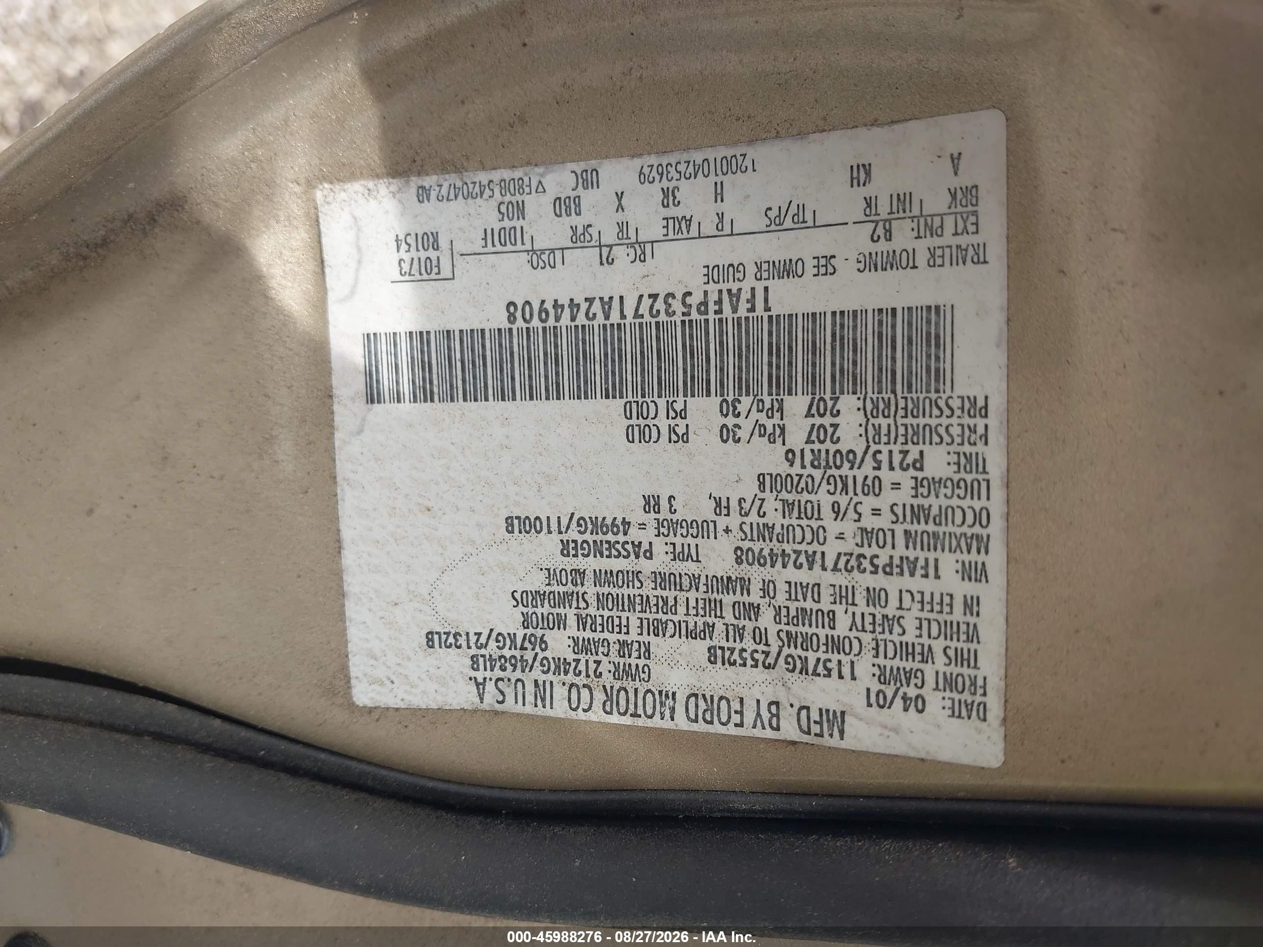 2001 Ford Taurus Se Gold vin: 1FAFP53271A244908