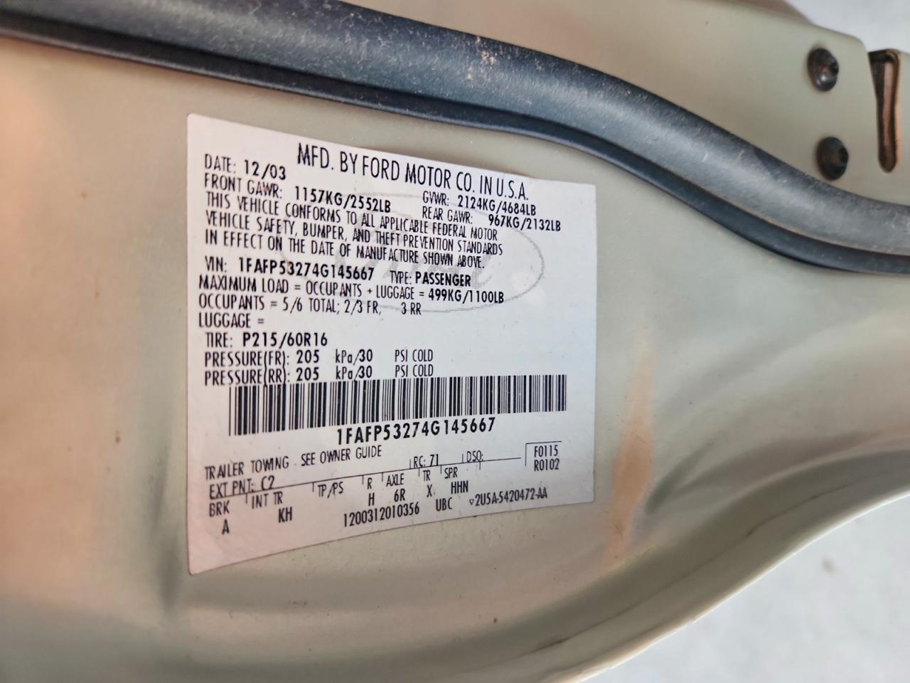 2004 Ford Taurus Se Green vin: 1FAFP53274G145667