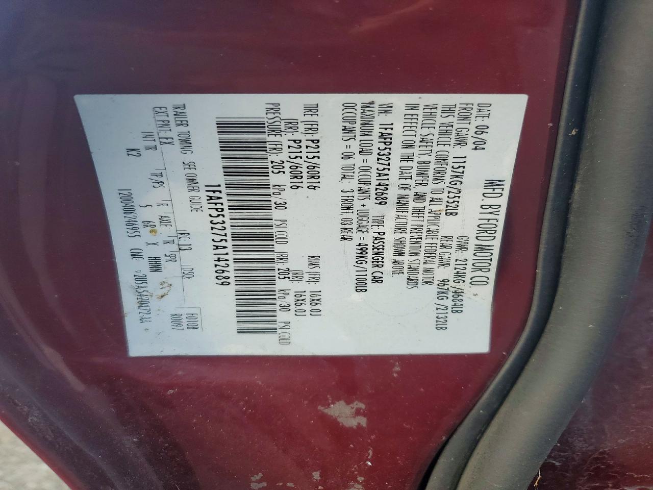 2005 Ford Taurus Se Red vin: 1FAFP53275A142689
