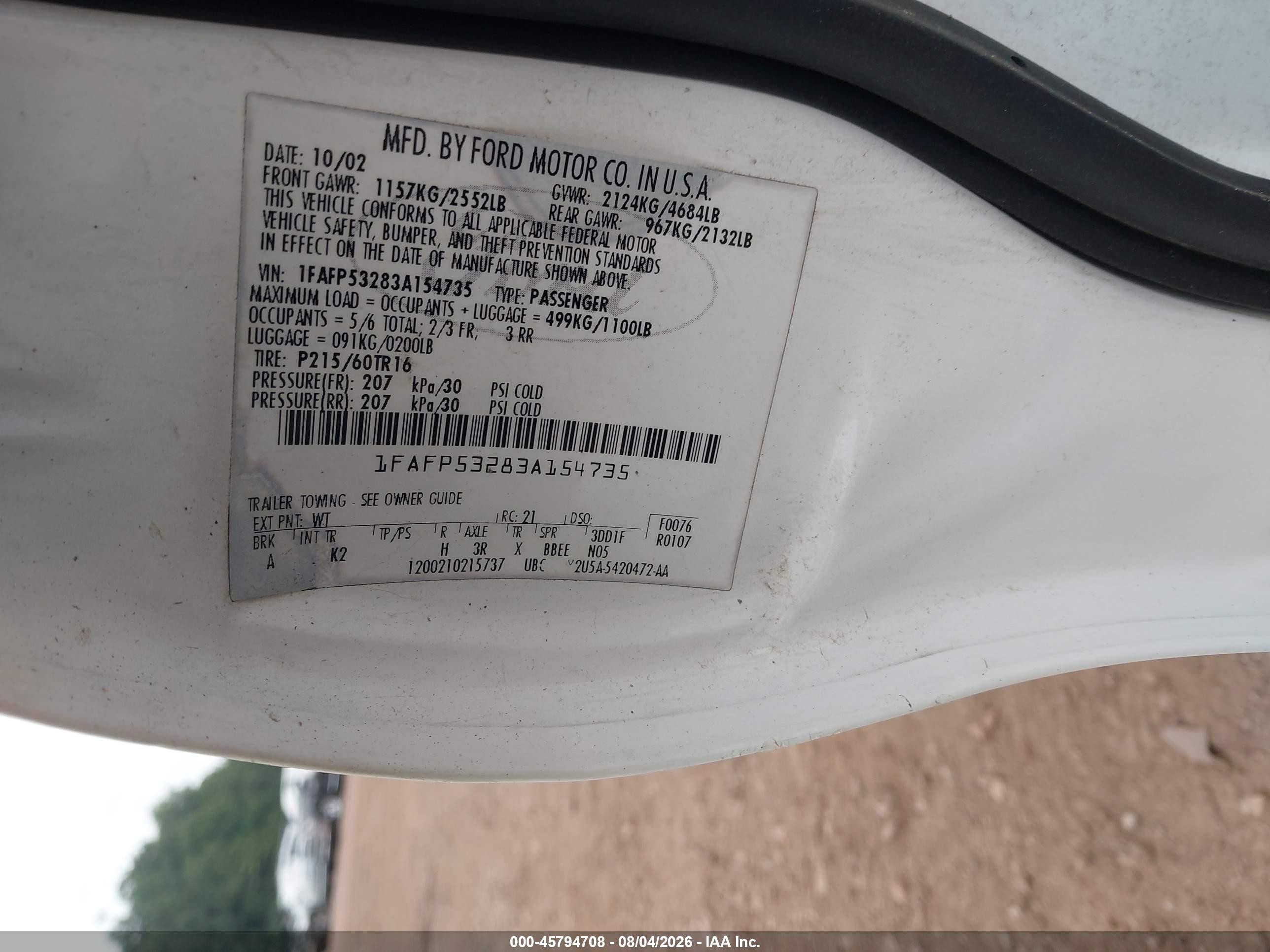 2003 Ford Taurus Se White vin: 1FAFP53283A154735