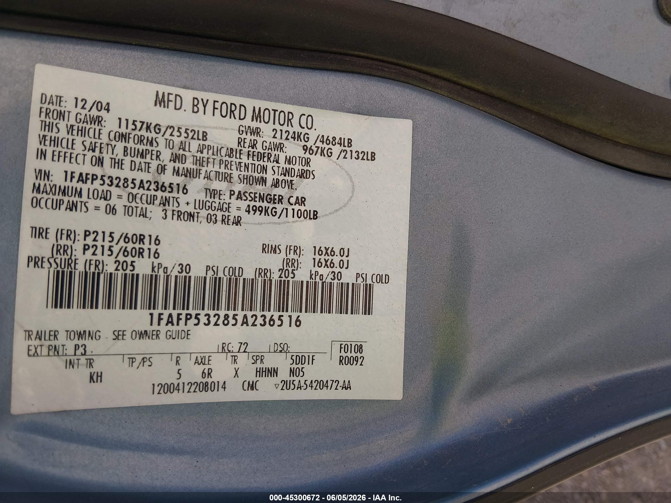 2005 Ford Taurus Se Blue vin: 1FAFP53285A236516