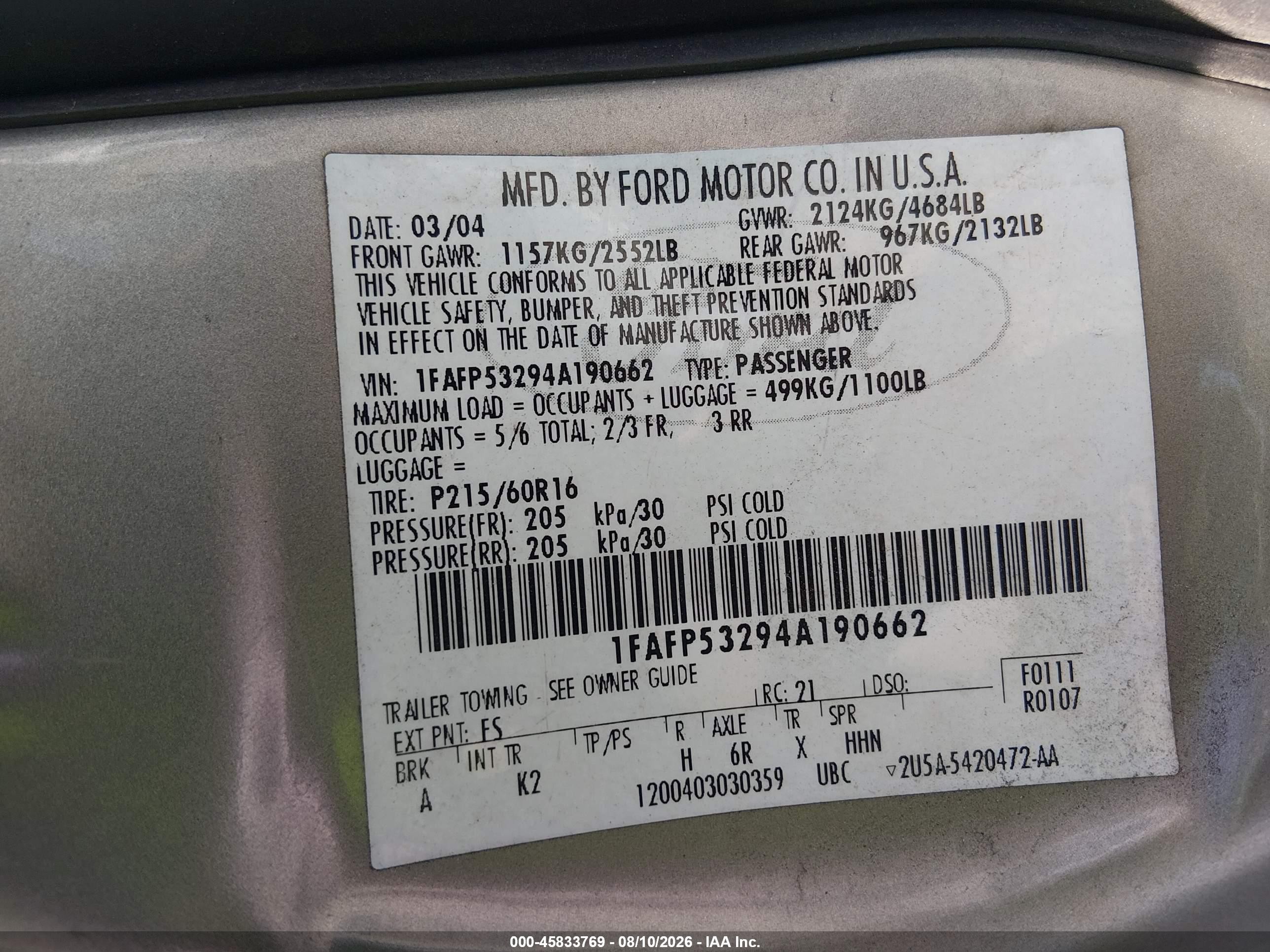 2004 Ford Taurus Se Gray vin: 1FAFP53294A190662