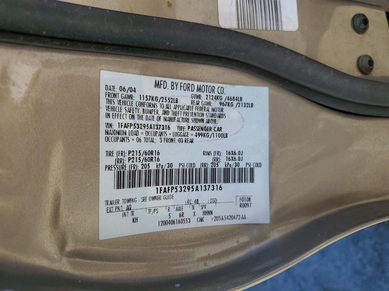 2005 Ford Taurus Se Gold vin: 1FAFP53295A137316