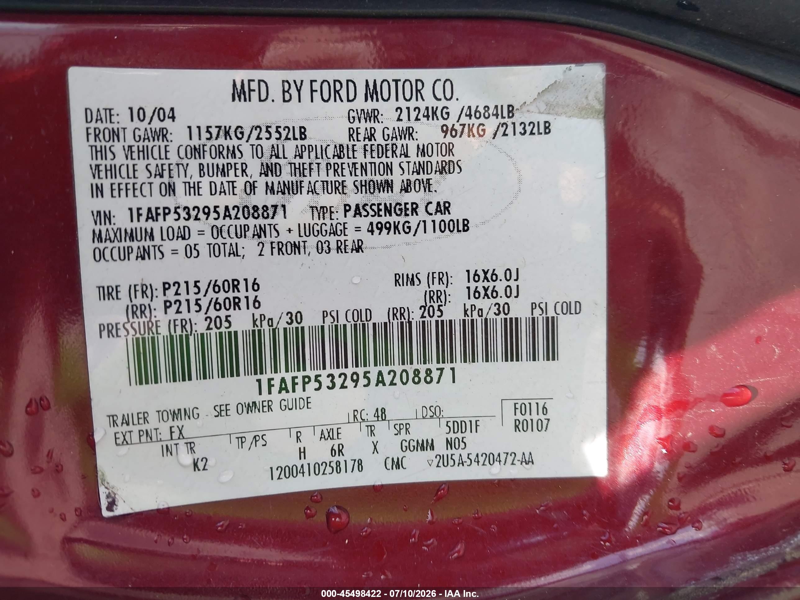 2005 Ford Taurus Se Burgundy vin: 1FAFP53295A208871