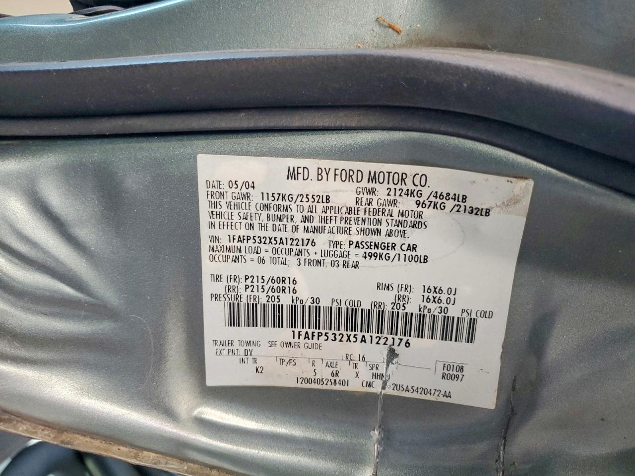 2005 Ford Taurus Se Turquoise vin: 1FAFP532X5A122176