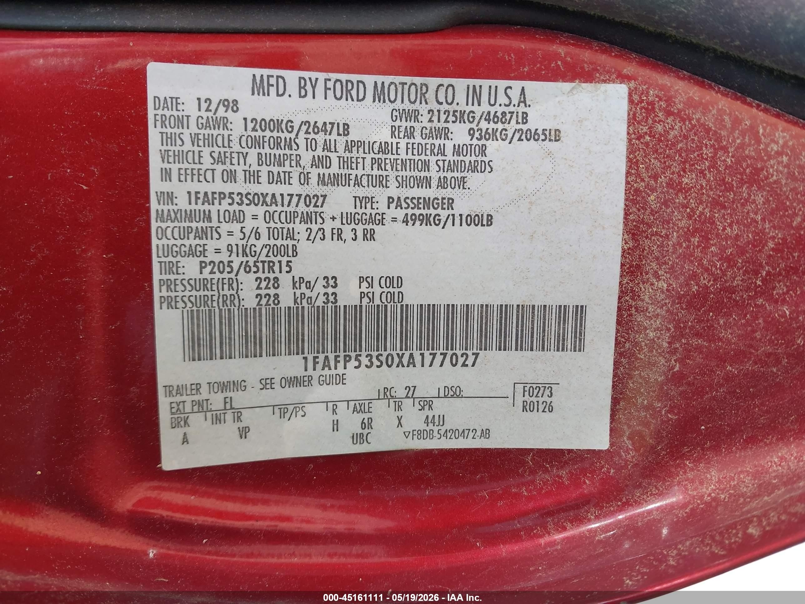 1999 Ford Taurus Se/se-ne Red vin: 1FAFP53S0XA177027