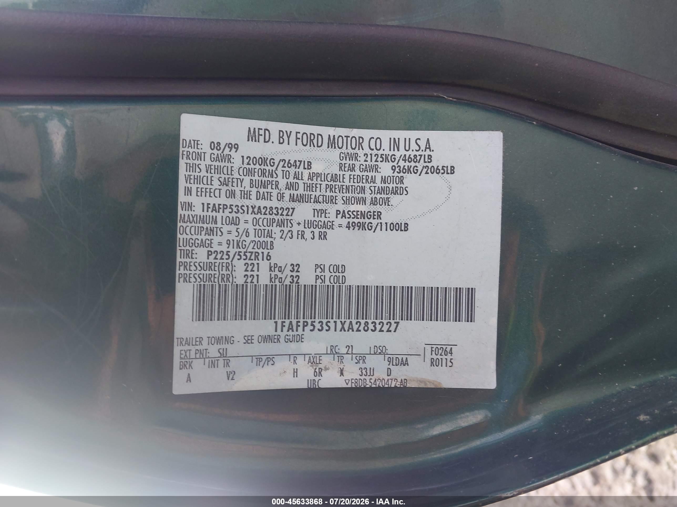 1999 Ford Taurus Se/se-ne Green vin: 1FAFP53S1XA283227