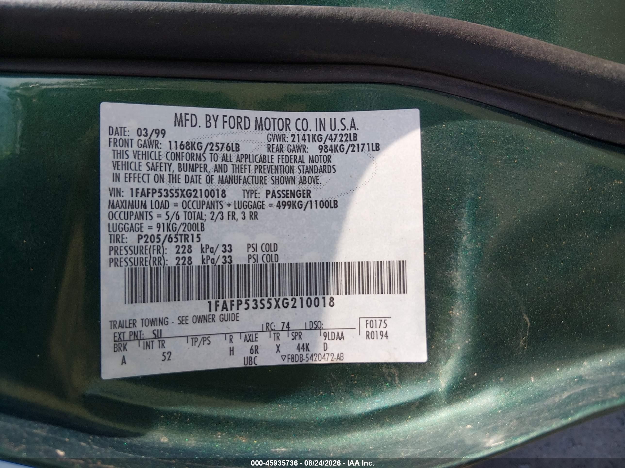 1999 Ford Taurus Se/se-ne Green vin: 1FAFP53S5XG210018