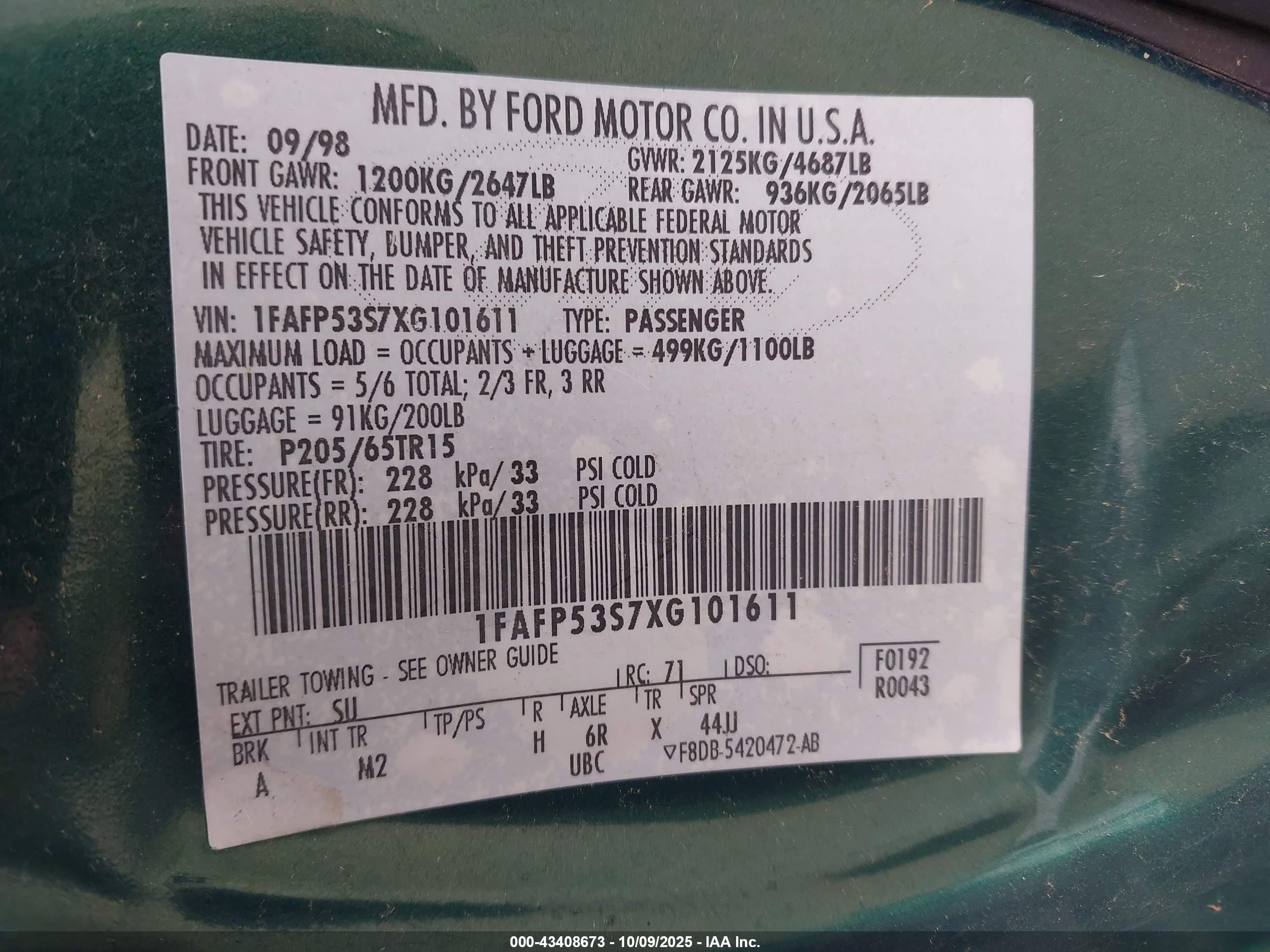 1999 Ford Taurus Se/se-ne Green vin: 1FAFP53S7XG101611