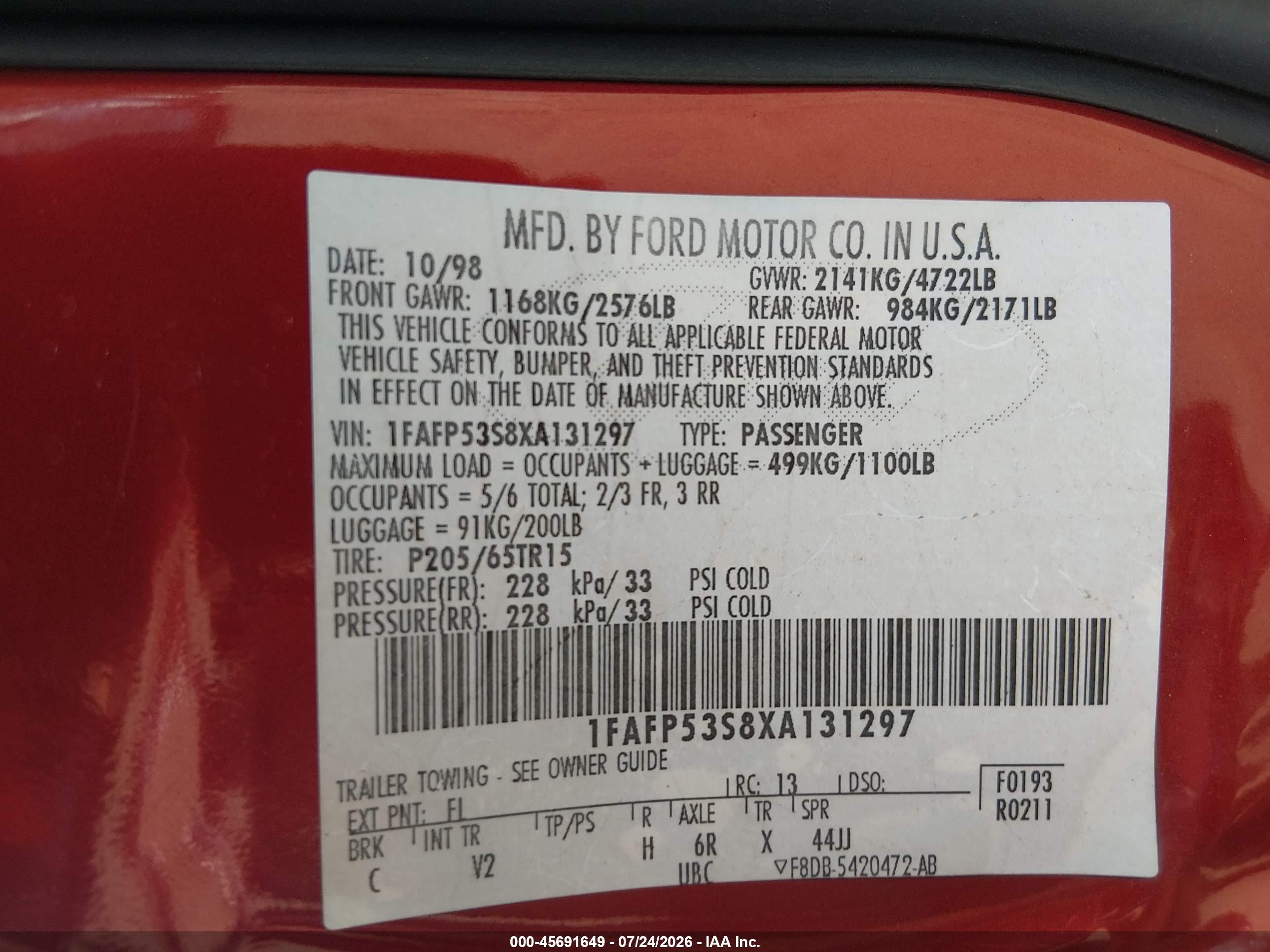 1999 Ford Taurus Se/se-ne Red vin: 1FAFP53S8XA131297