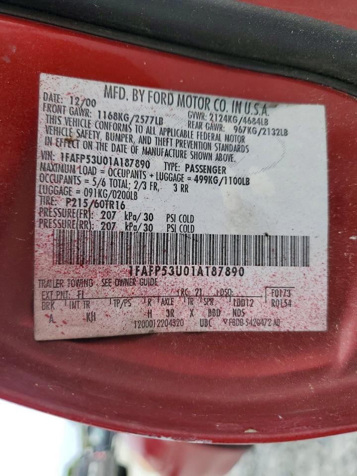 2001 Ford Taurus Se Red vin: 1FAFP53U01A187890