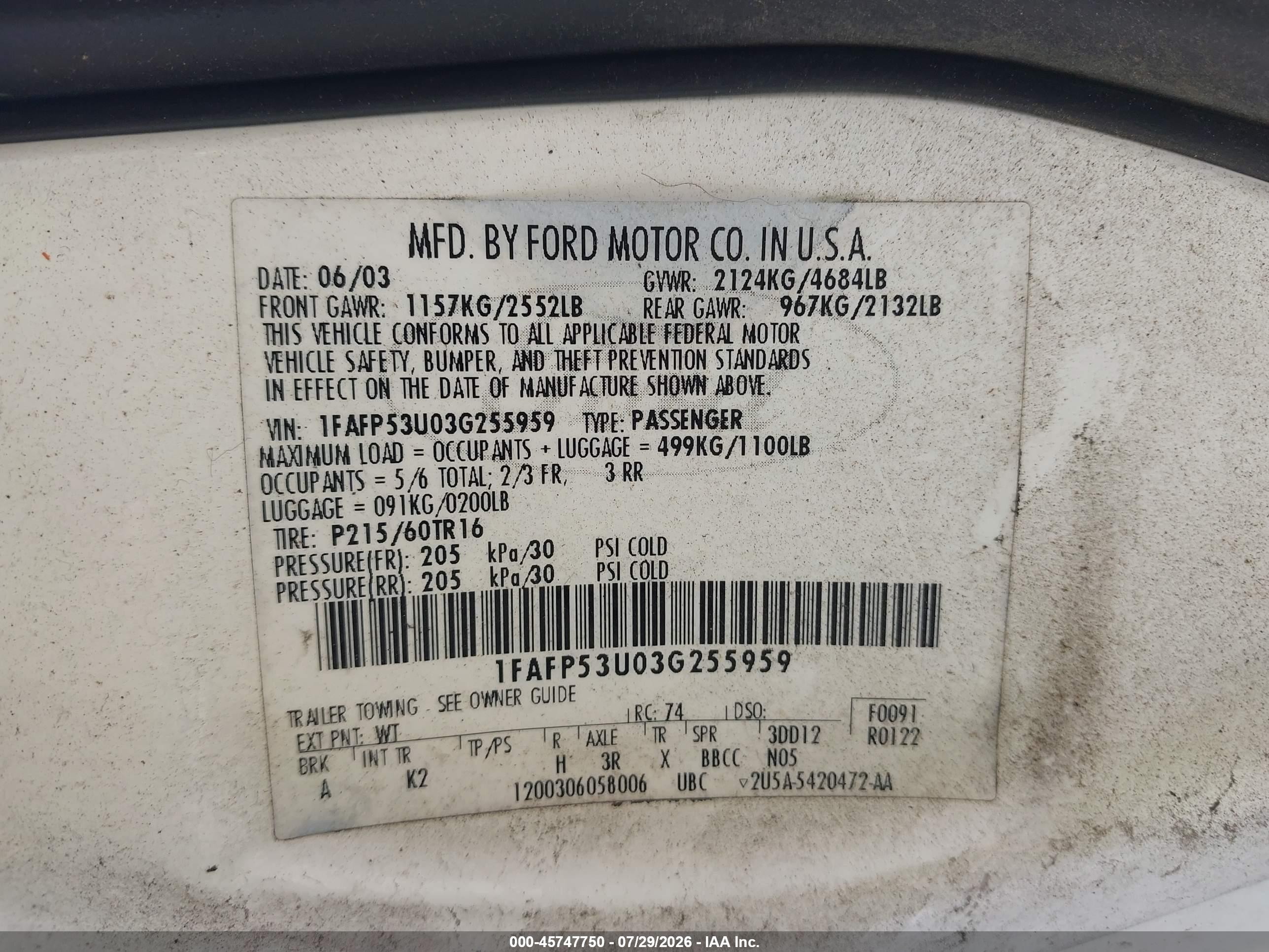 2003 Ford Taurus Se White vin: 1FAFP53U03G255959