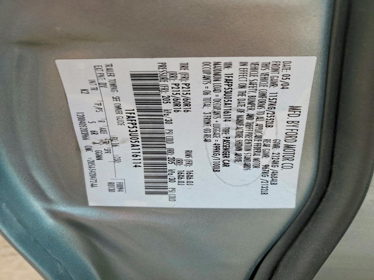 2005 Ford Taurus Se Teal vin: 1FAFP53U05A116114