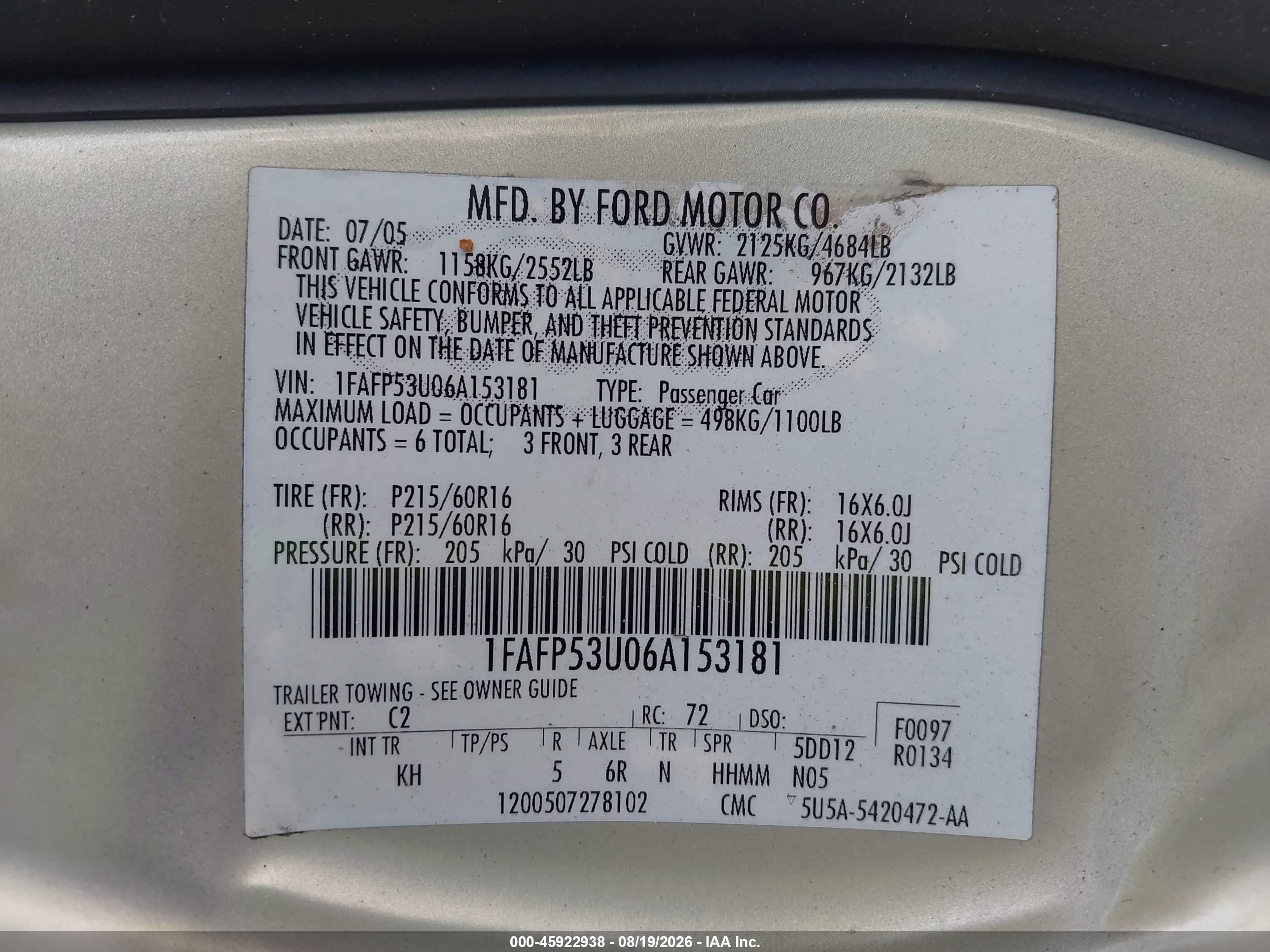 2006 Ford Taurus Se Gray vin: 1FAFP53U06A153181