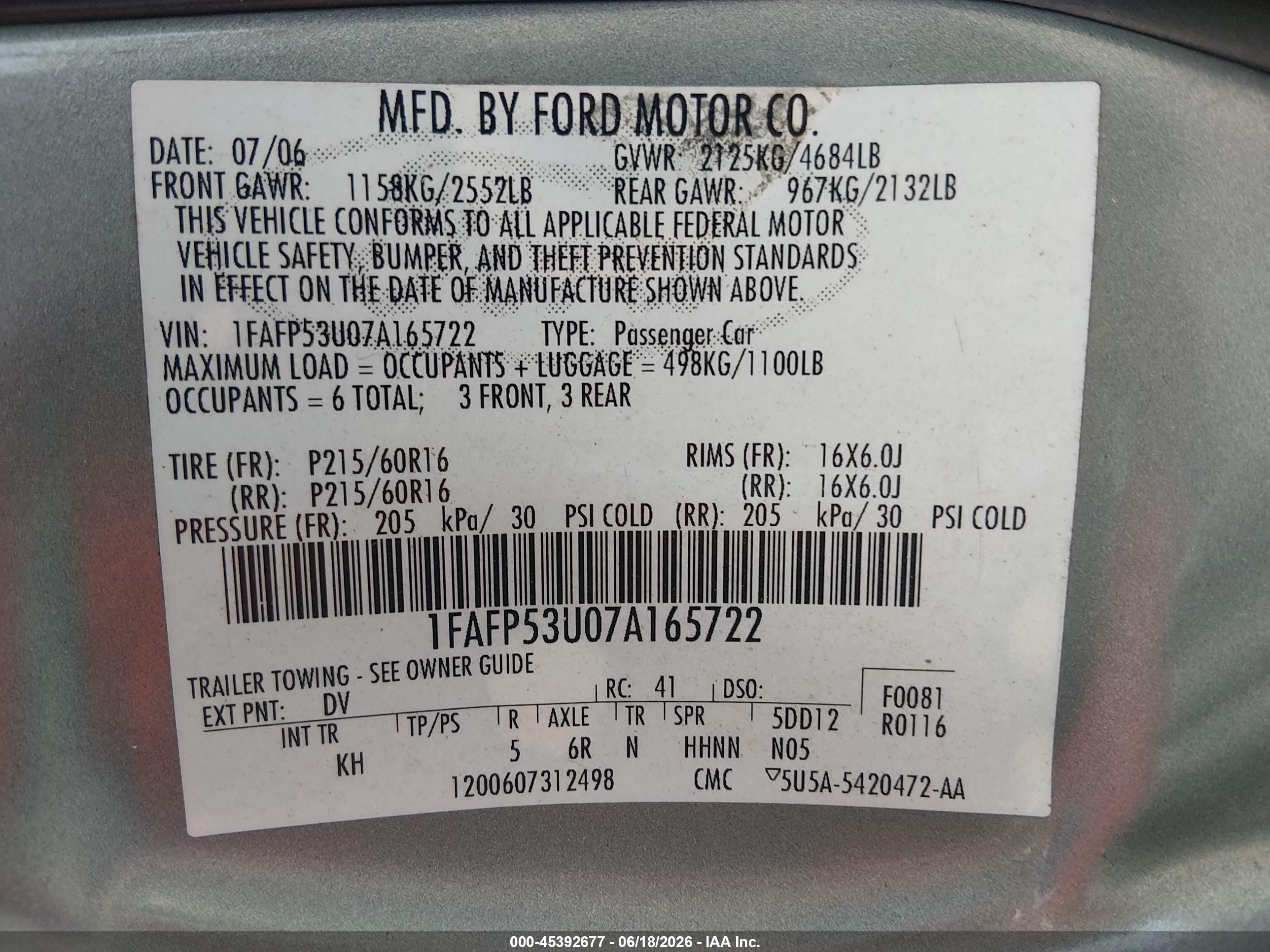 2007 Ford Taurus Se Green vin: 1FAFP53U07A165722