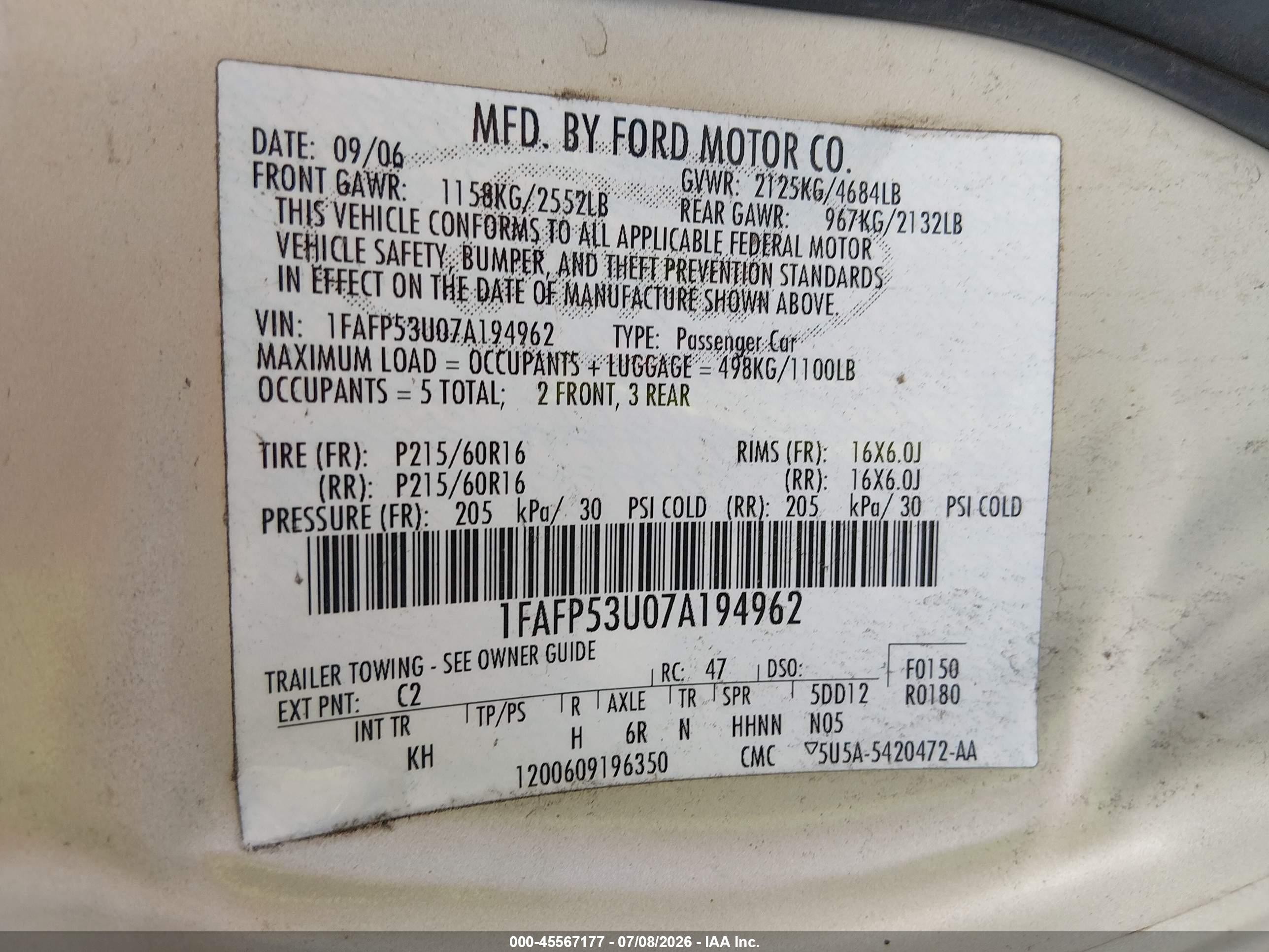 2007 Ford Taurus Se Gray vin: 1FAFP53U07A194962
