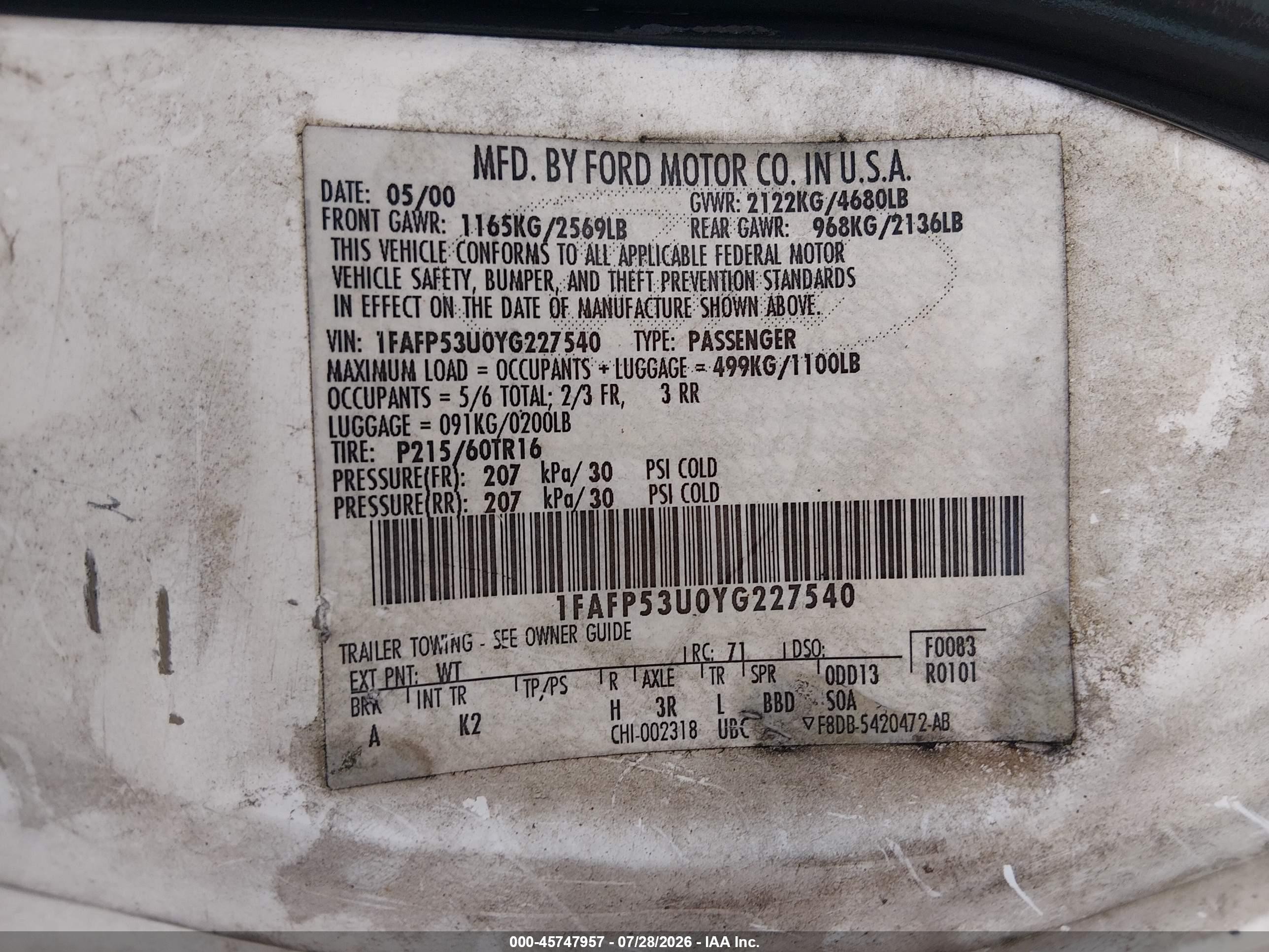 2000 Ford Taurus Se White vin: 1FAFP53U0YG227540