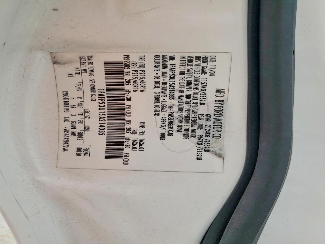 2005 Ford Taurus Se White vin: 1FAFP53U15A214035