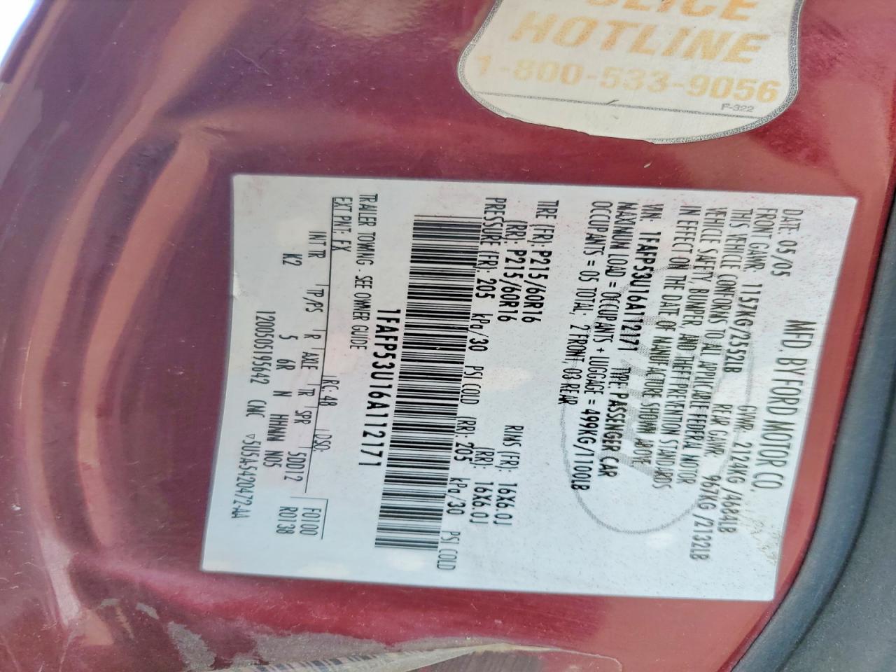 2006 Ford Taurus Se Burgundy vin: 1FAFP53U16A112171