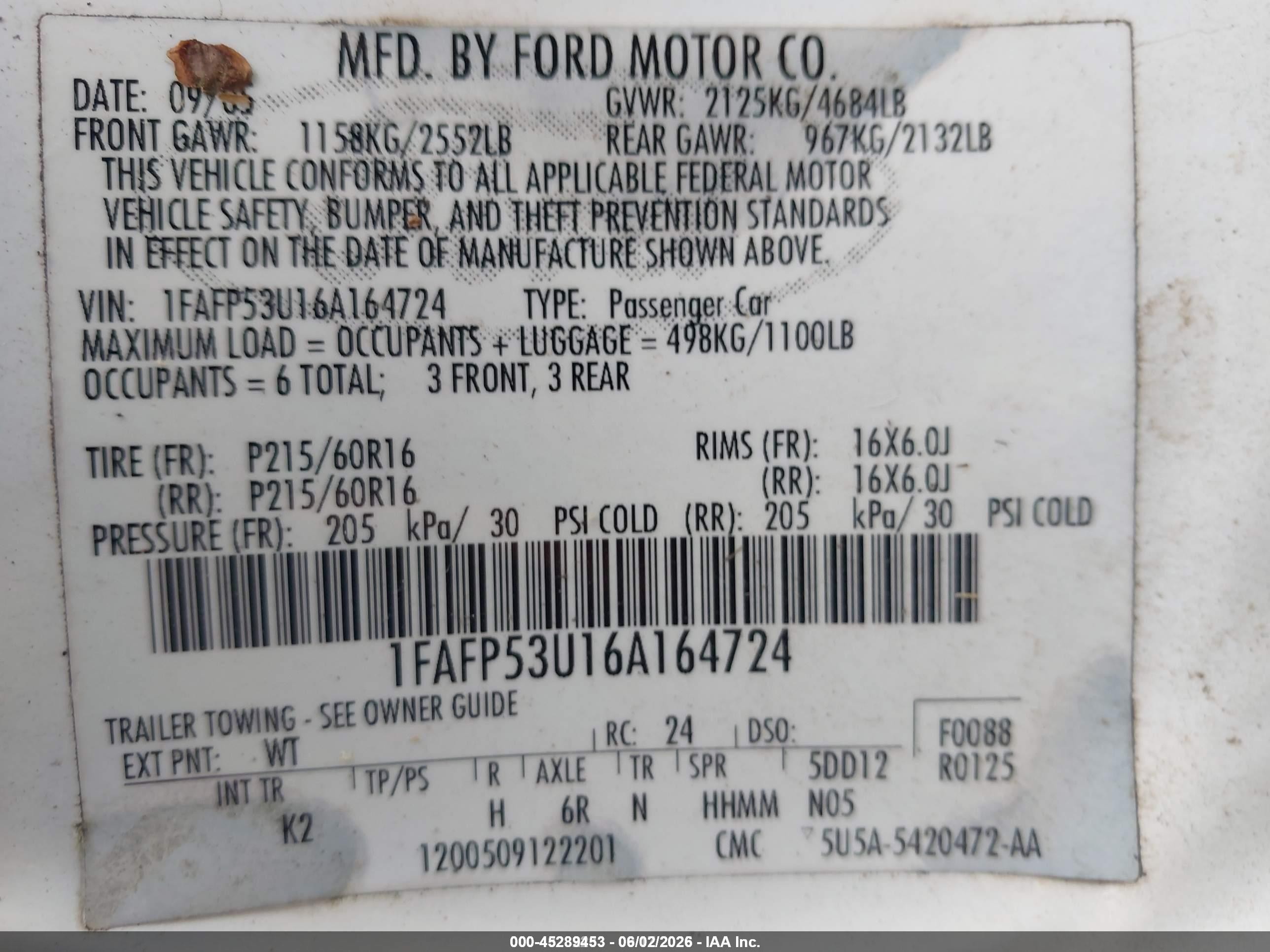 2006 Ford Taurus Se Белый vin: 1FAFP53U16A164724