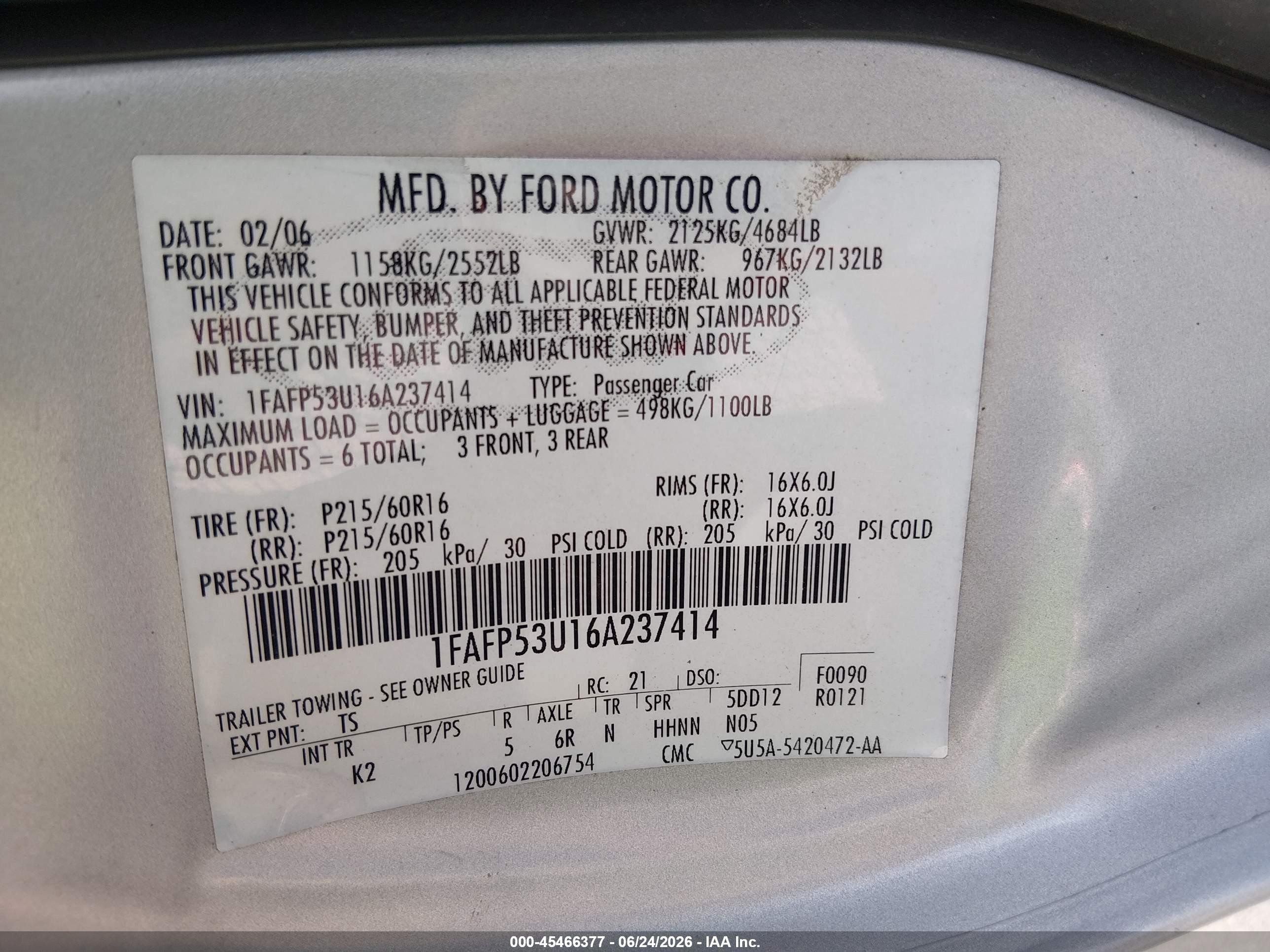 2006 Ford Taurus Se Silver vin: 1FAFP53U16A237414
