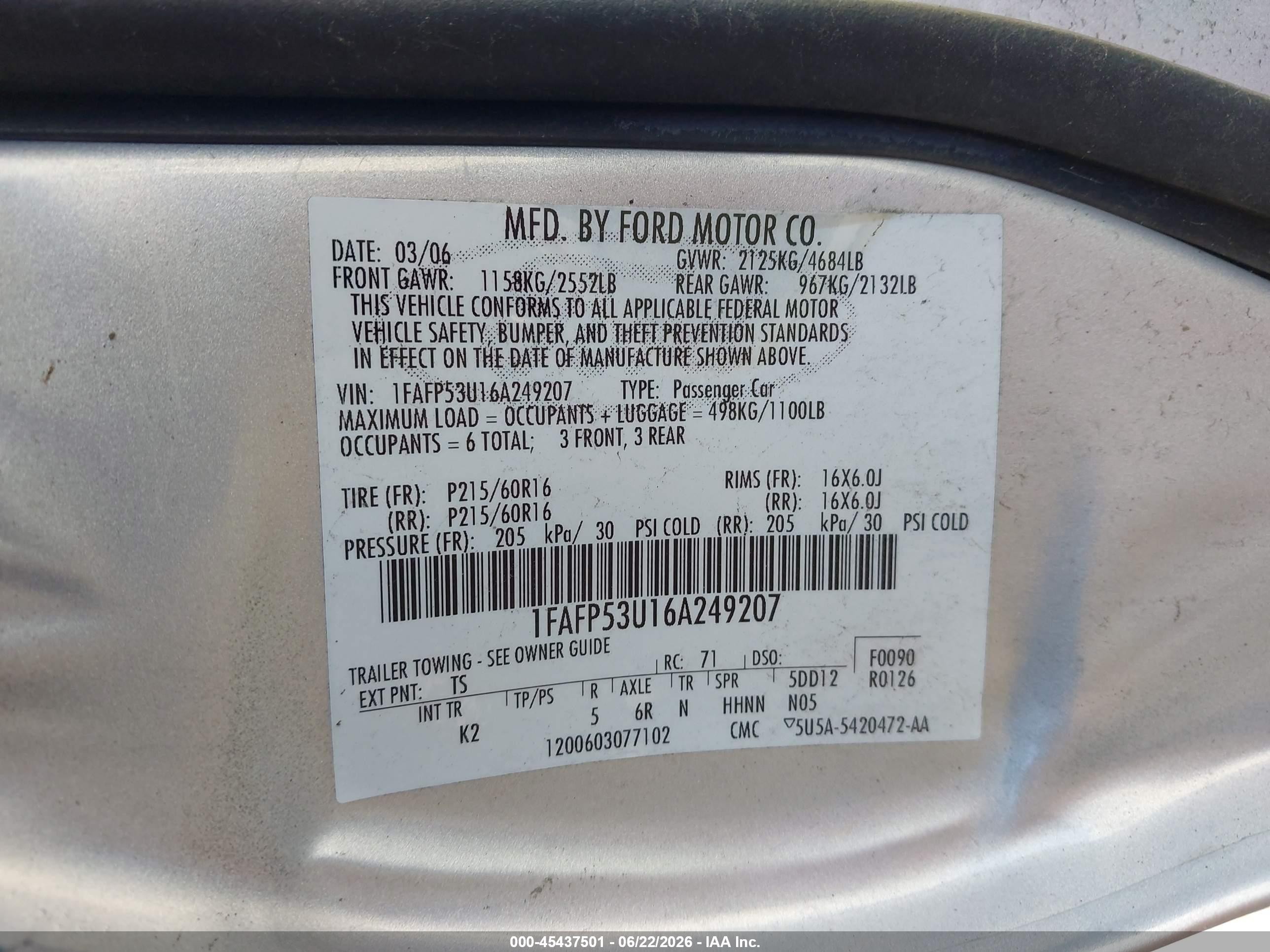 2006 Ford Taurus Se Серый vin: 1FAFP53U16A249207