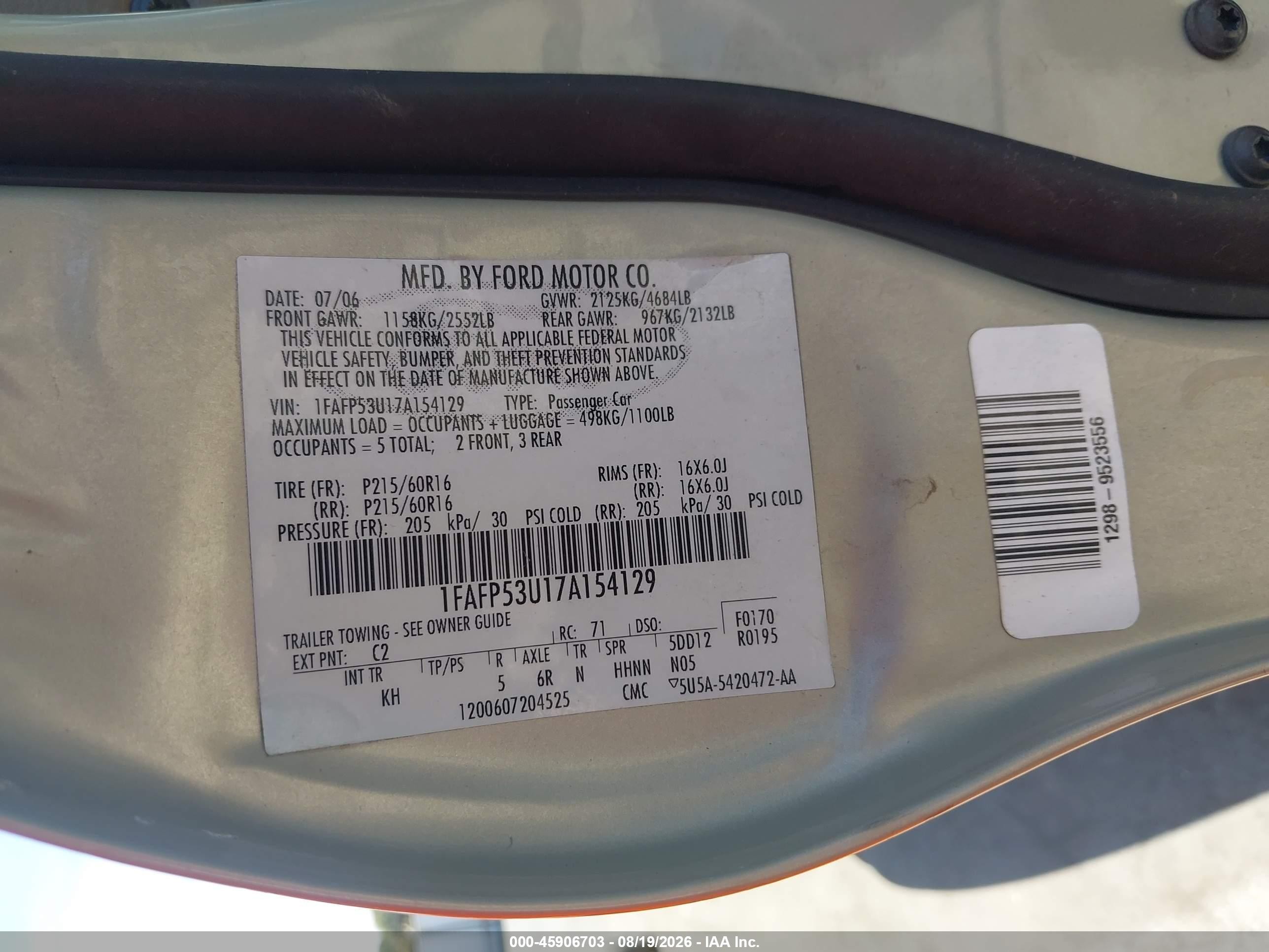 2007 Ford Taurus Se Silver vin: 1FAFP53U17A154129
