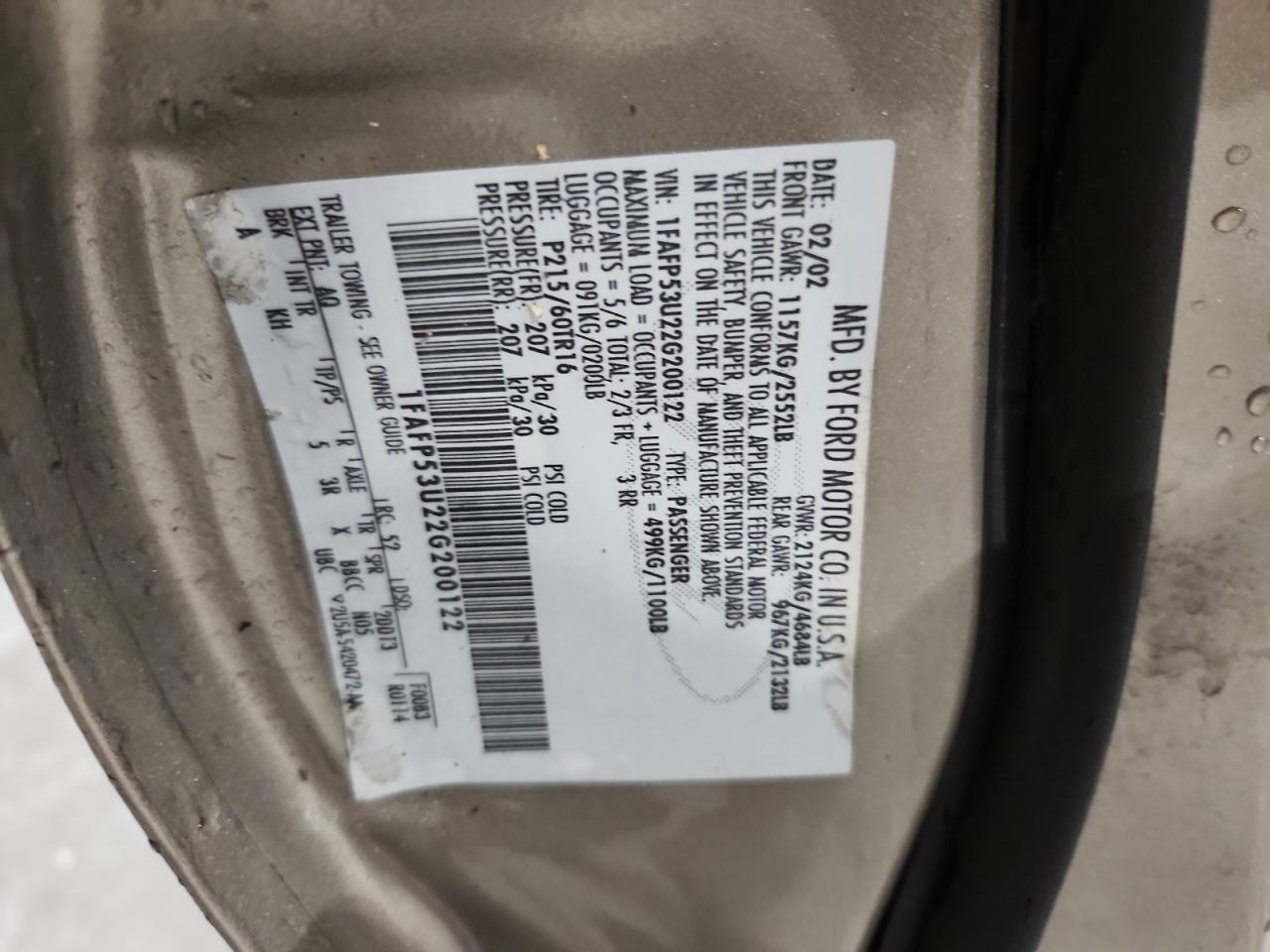2002 Ford Taurus Se Tan vin: 1FAFP53U22G200122