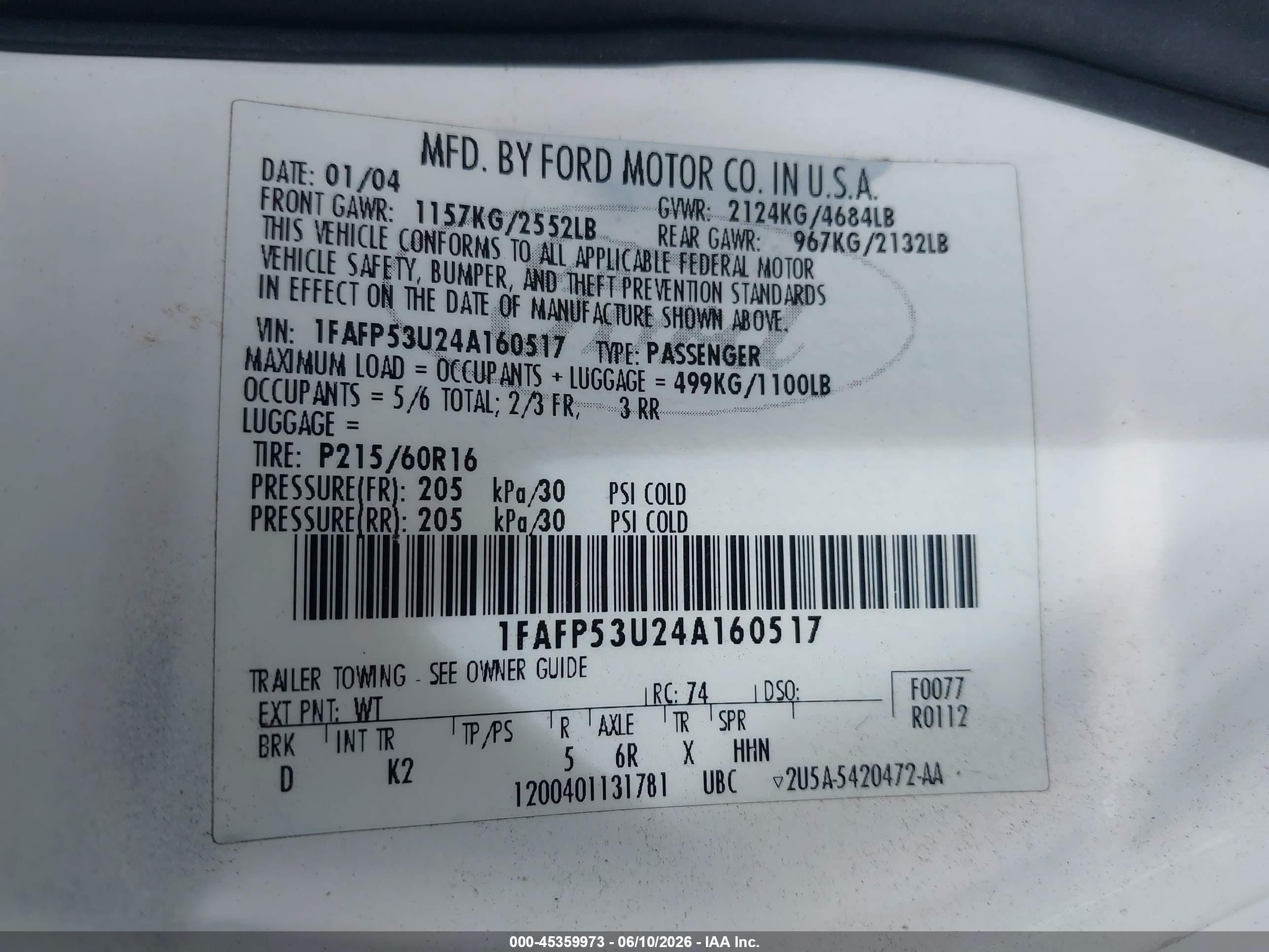 2004 Ford Taurus Se White vin: 1FAFP53U24A160517