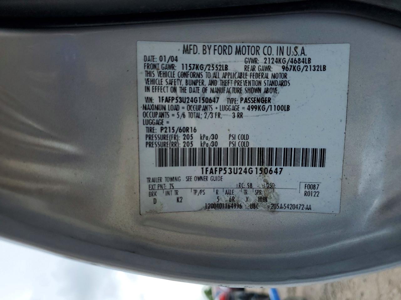 2004 Ford Taurus Se Gray vin: 1FAFP53U24G150647