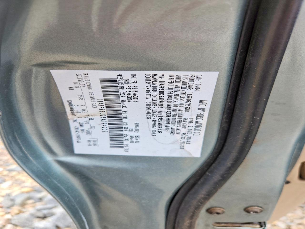 2005 Ford Taurus Se Turquoise vin: 1FAFP53U25A194202
