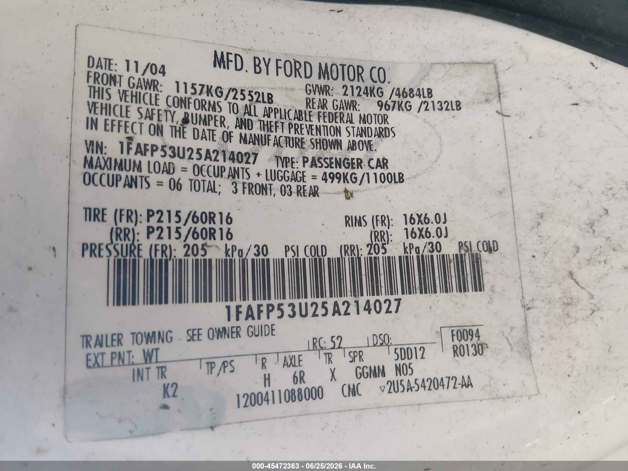 2005 Ford Taurus Se White vin: 1FAFP53U25A214027