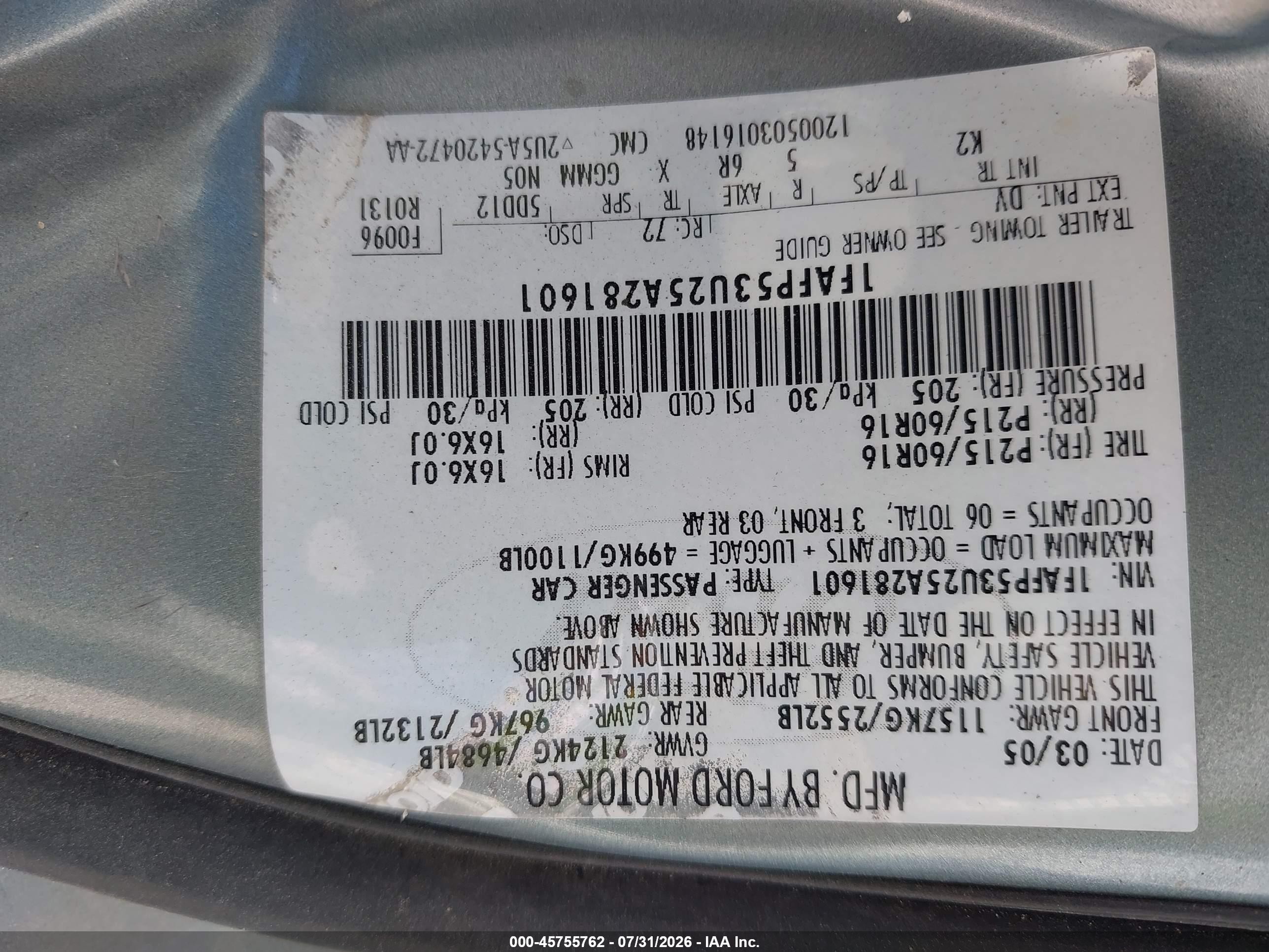 2005 Ford Taurus Se Зеленый vin: 1FAFP53U25A281601