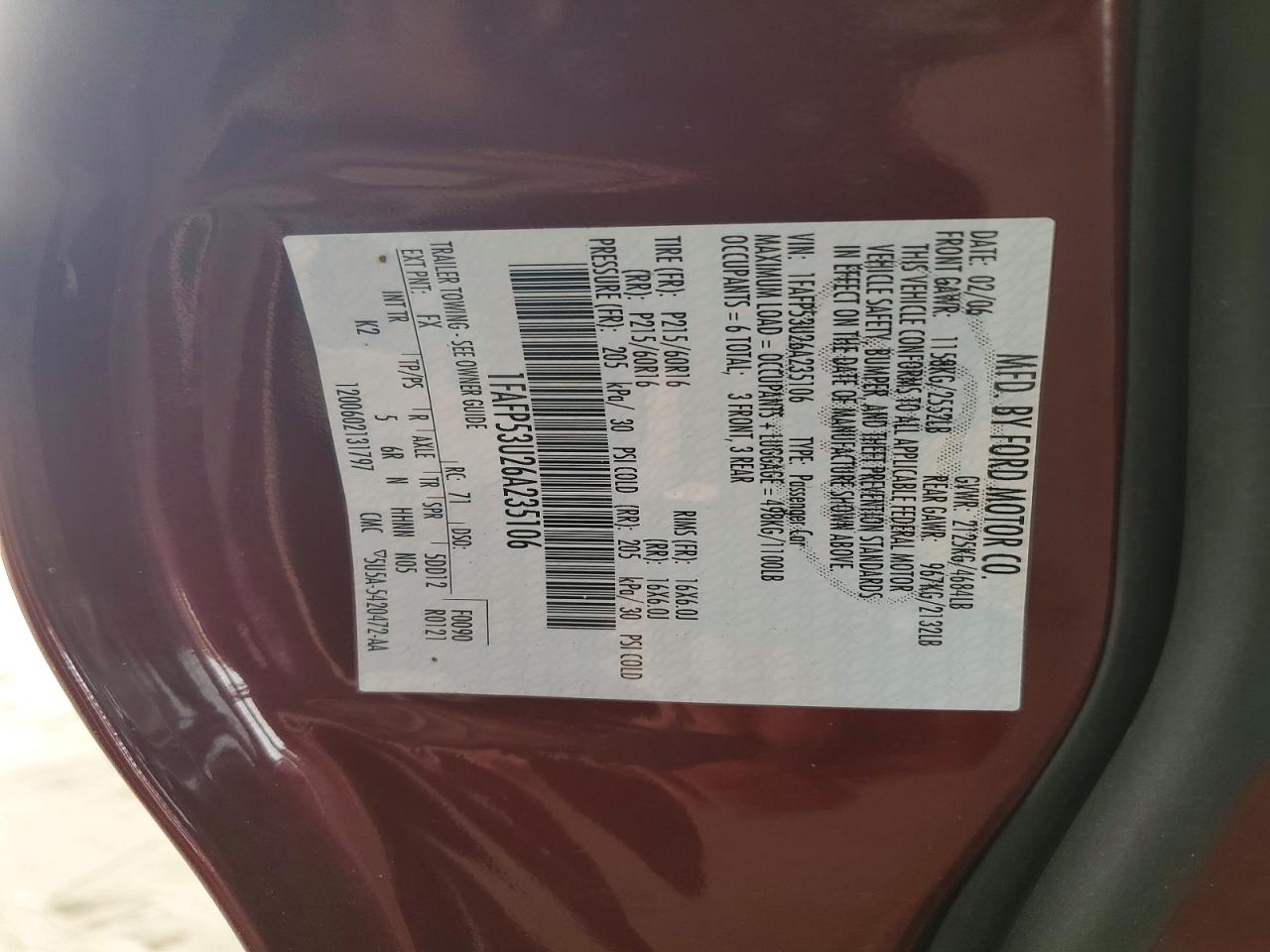 2006 Ford Taurus Se Red vin: 1FAFP53U26A235106