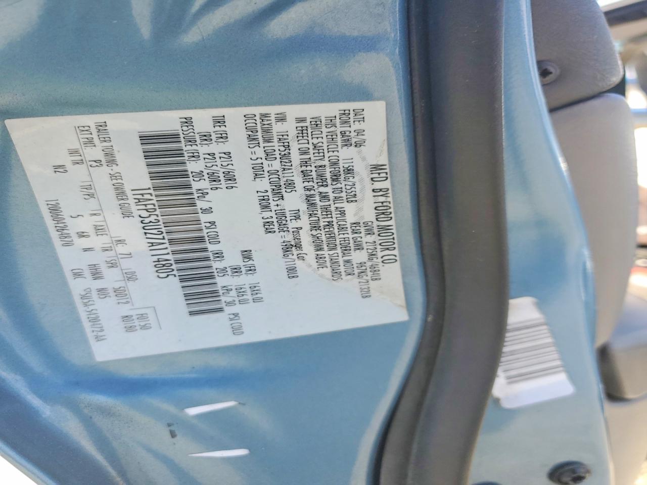 2007 Ford Taurus Se Blue vin: 1FAFP53U27A114805
